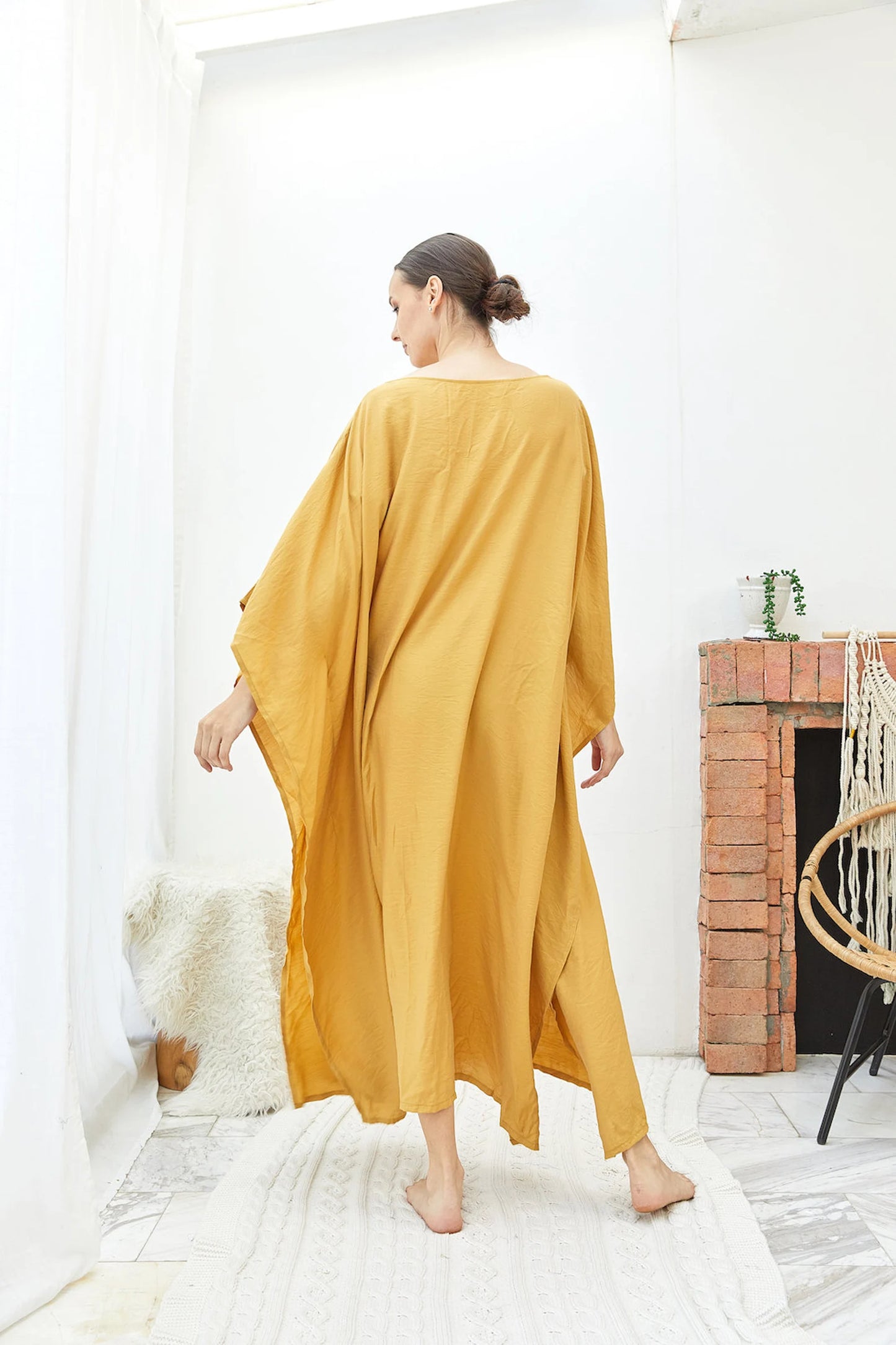 Comfy Gold Silk Japan Kaftan Dress Women Plus Size Dress