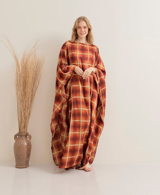 Copper Check Pattern Silk Maternity Kaftan Beach Wear Caftan Dress