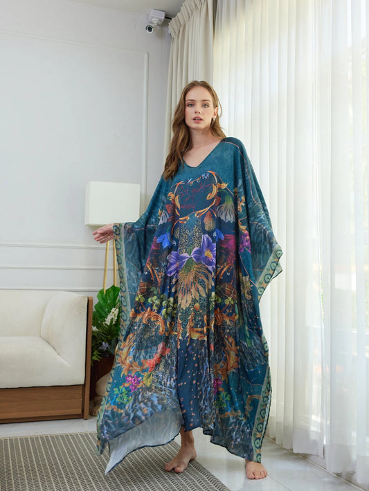 Dark Blue Green Silk Dress Floral Full Length Caftan Kaftan Dress