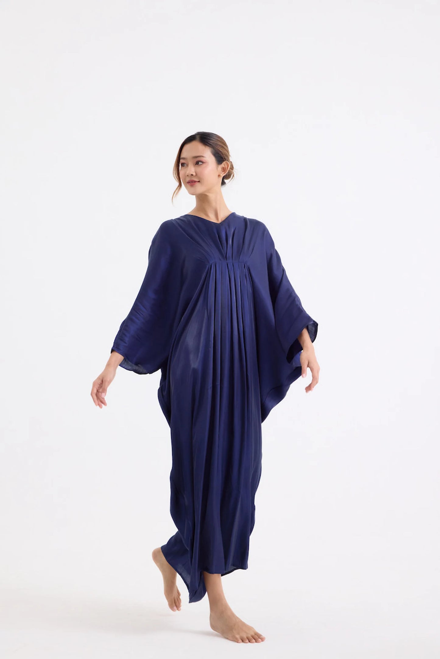 Dark Navy Blue Simply Dress Soft Silk Kaftan Summer Vintage Women Full Length