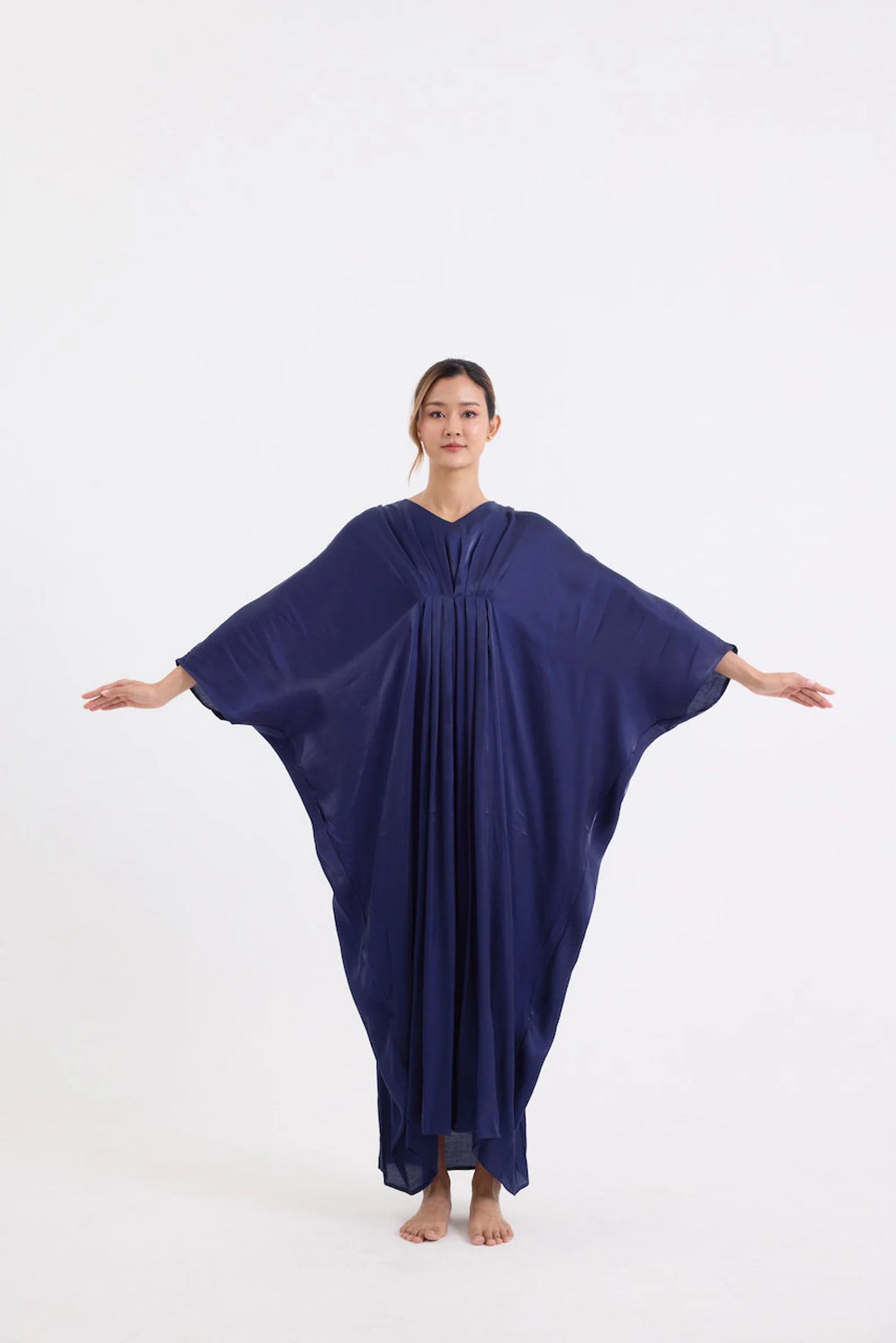 Dark Navy Blue Simply Dress Soft Silk Kaftan Summer Vintage Women Full Length