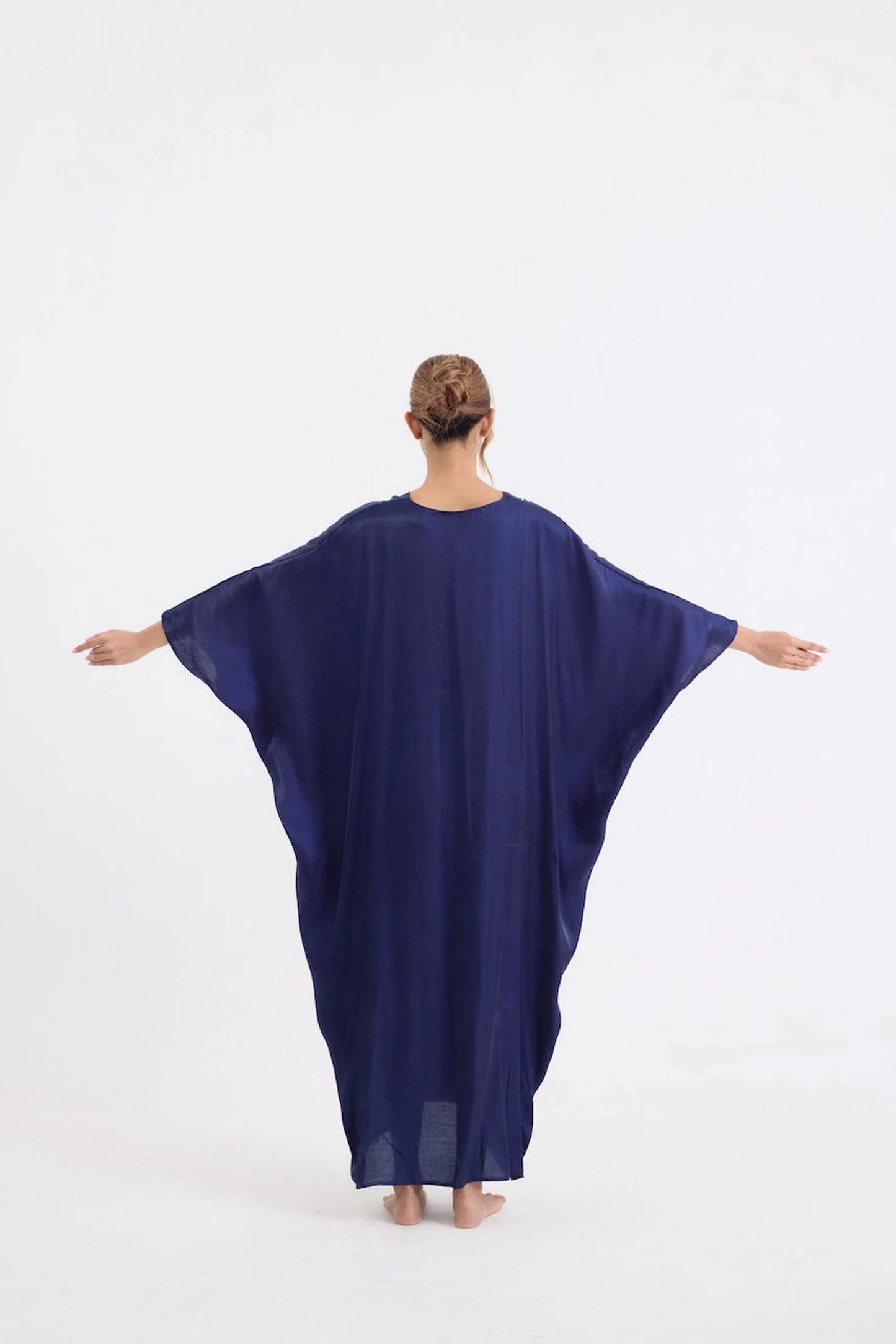 Dark Navy Blue Simply Dress Soft Silk Kaftan Summer Vintage Women Full Length