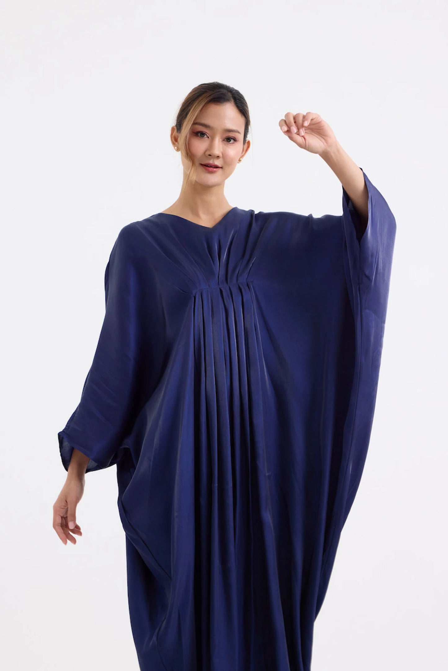 Dark Navy Blue Simply Dress Soft Silk Kaftan Summer Vintage Women Full Length