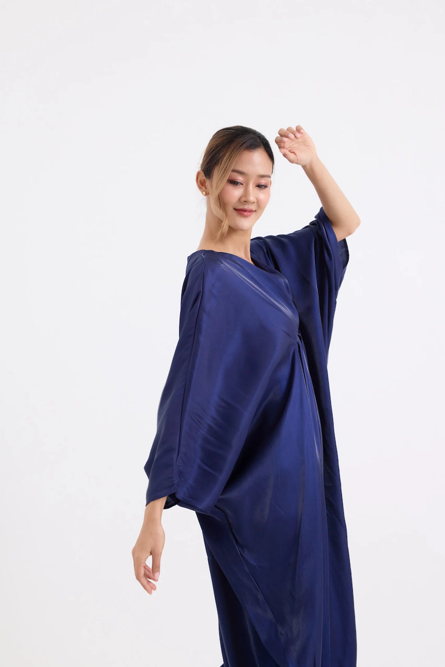 Dark Navy Blue Simply Dress Soft Silk Kaftan Summer Vintage Women Full Length