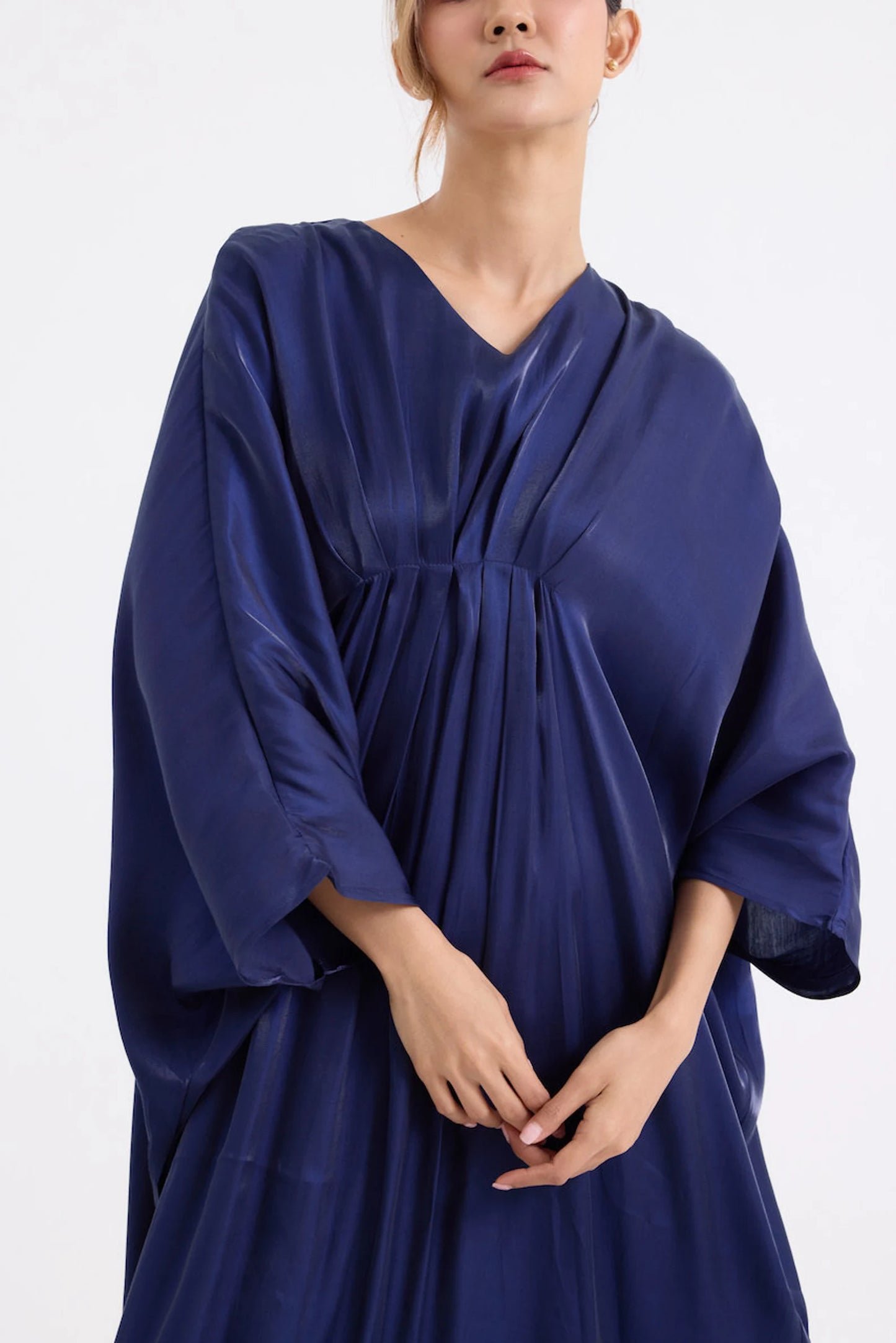 Dark Navy Blue Simply Dress Soft Silk Kaftan Summer Vintage Women Full Length