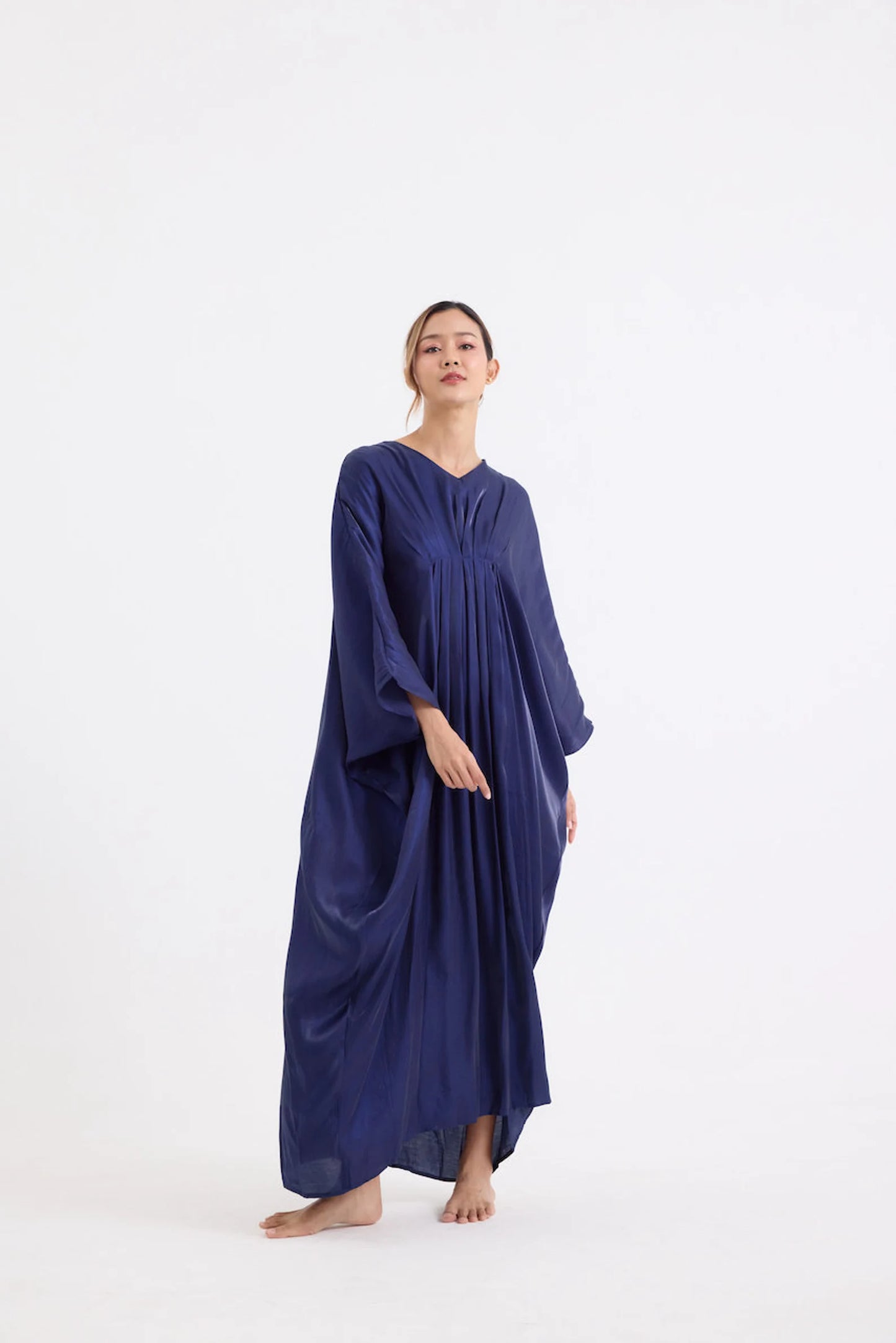 Dark Navy Blue Simply Dress Soft Silk Kaftan Summer Vintage Women Full Length