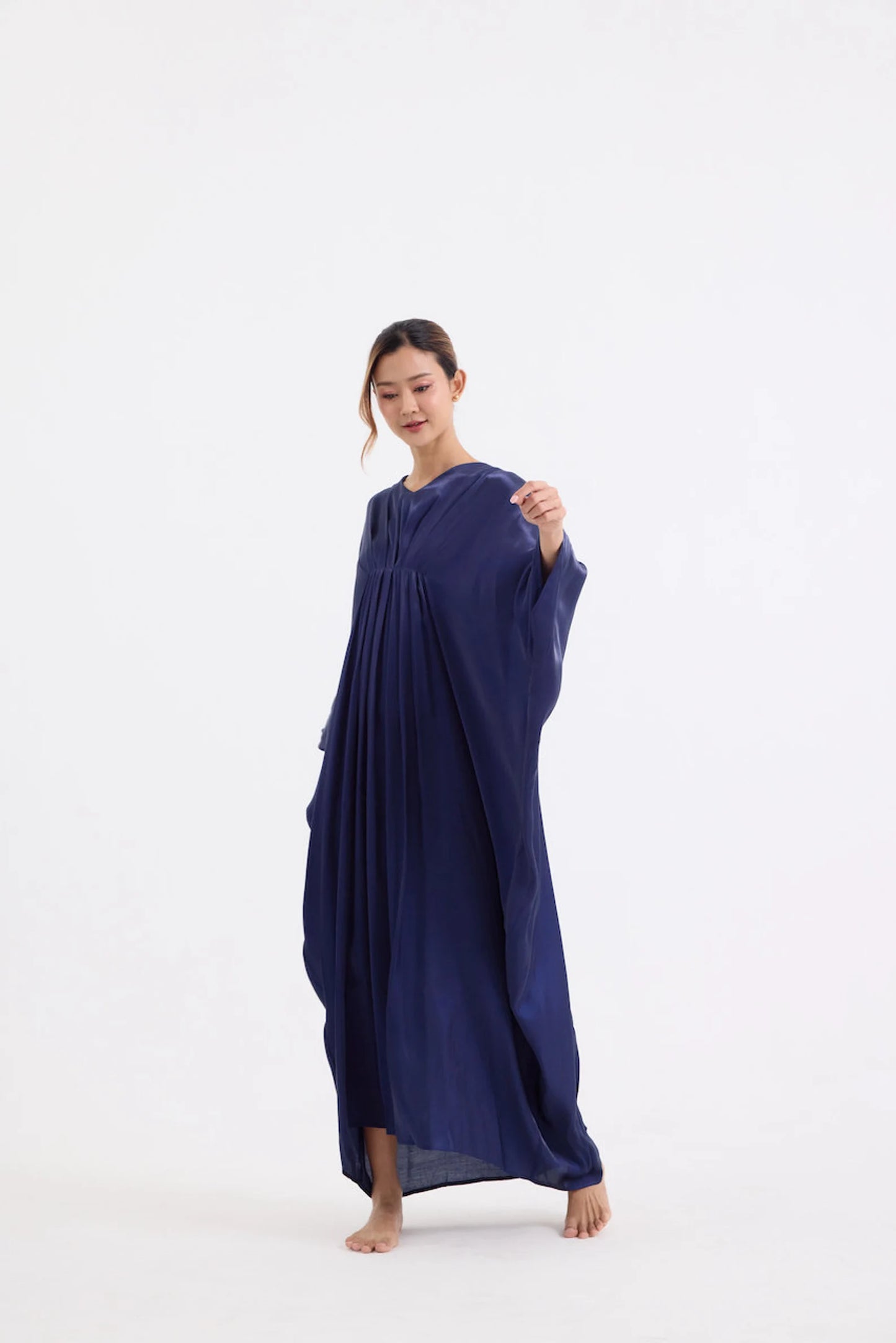 Dark Navy Blue Simply Dress Soft Silk Kaftan Summer Vintage Women Full Length