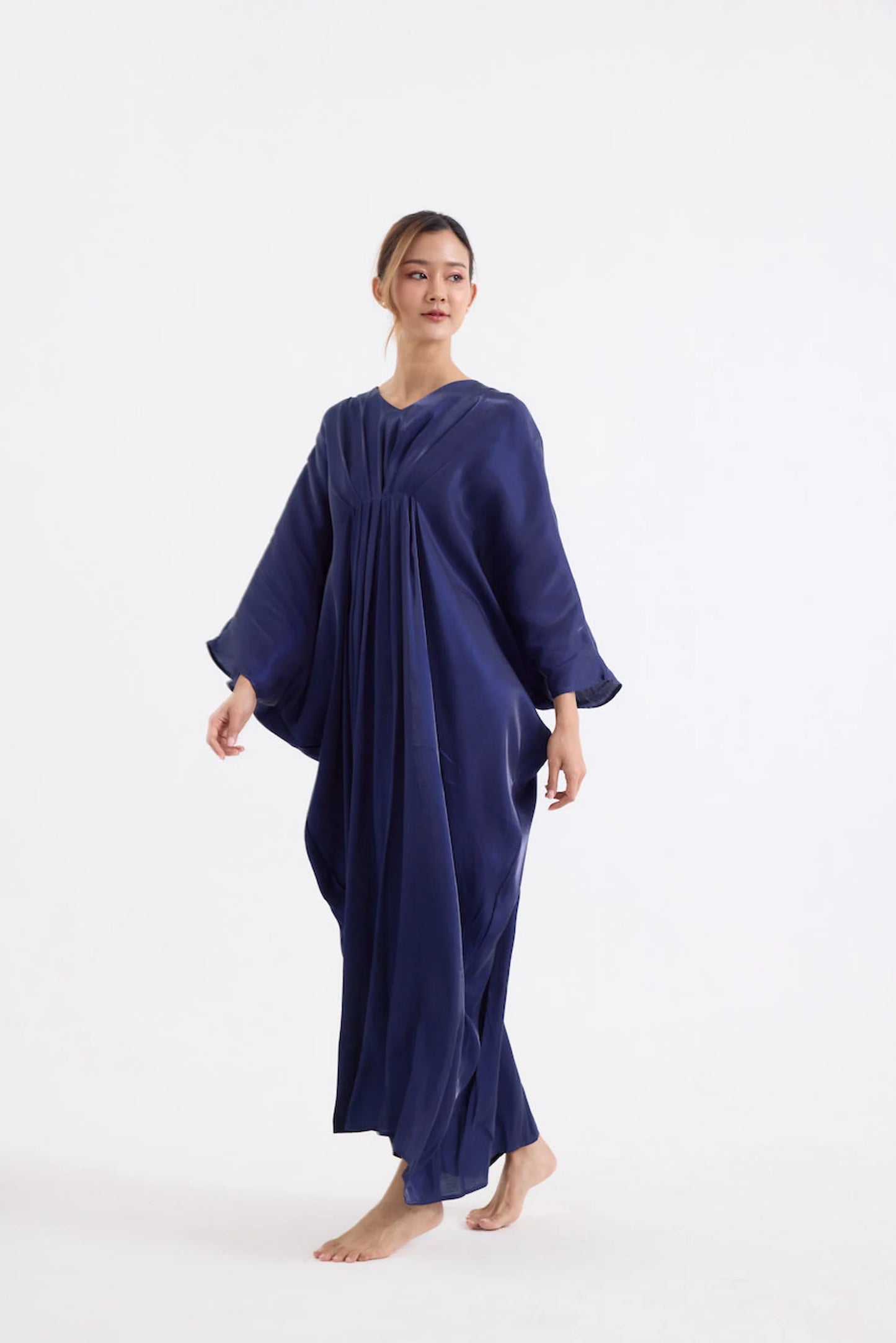 Dark Navy Blue Simply Dress Soft Silk Kaftan Summer Vintage Women Full Length