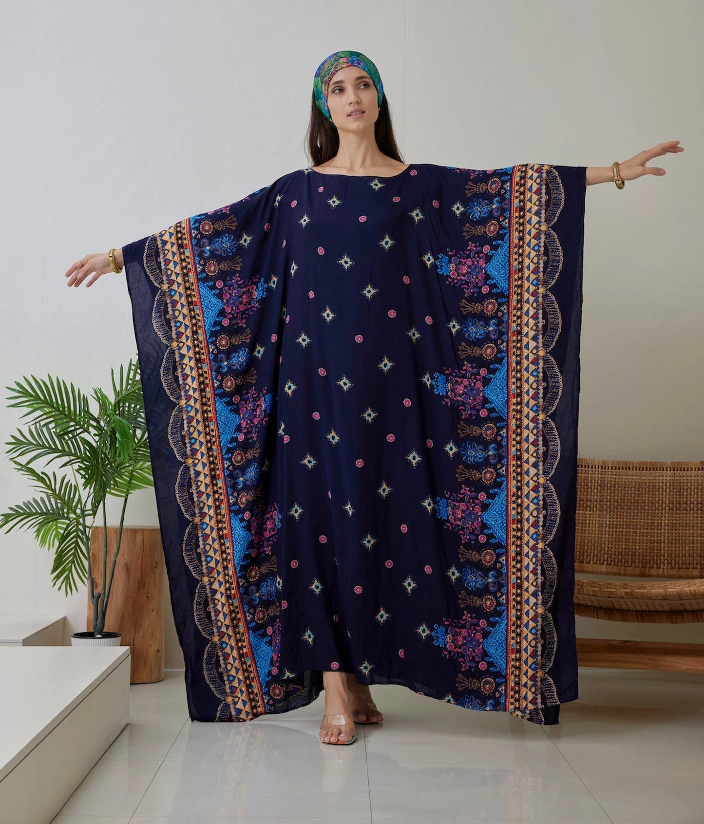 Dark Navy Kaftan for Women Cotton Kaftan Plus Size Boho Maxi Dress