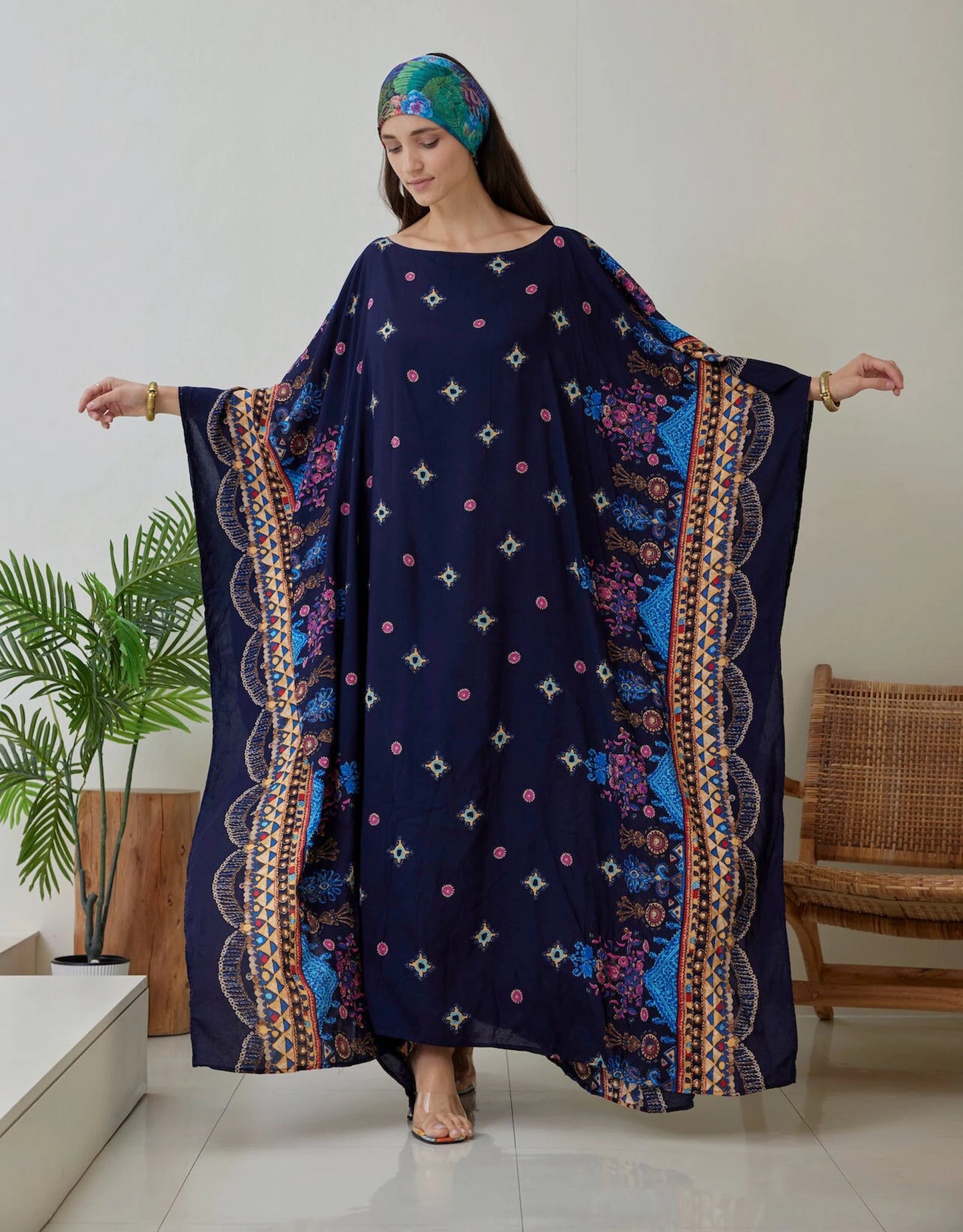 Dark Navy Kaftan for Women Cotton Kaftan Plus Size Boho Maxi Dress