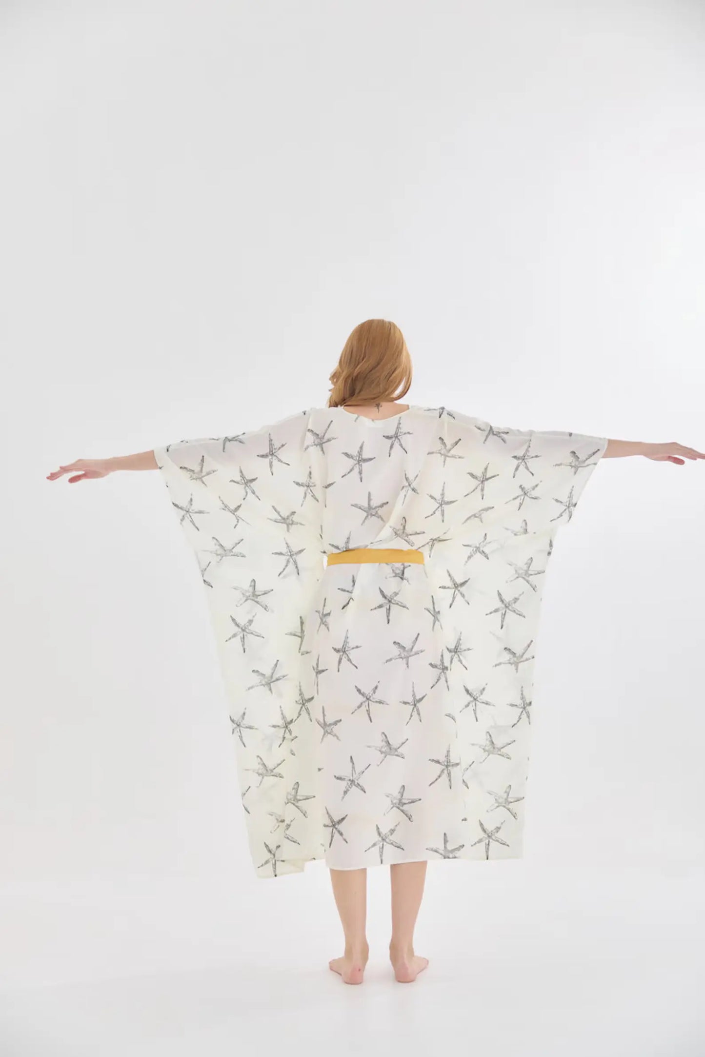 Fairy Premium Star Fish Abstract White Silk Hidden Hole for Gold Rope Kaftan Dress