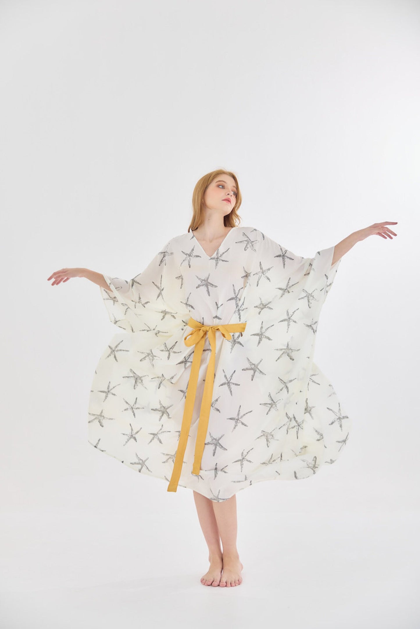 Fairy Premium Star Fish Abstract White Silk Hidden Hole for Gold Rope Kaftan Dress