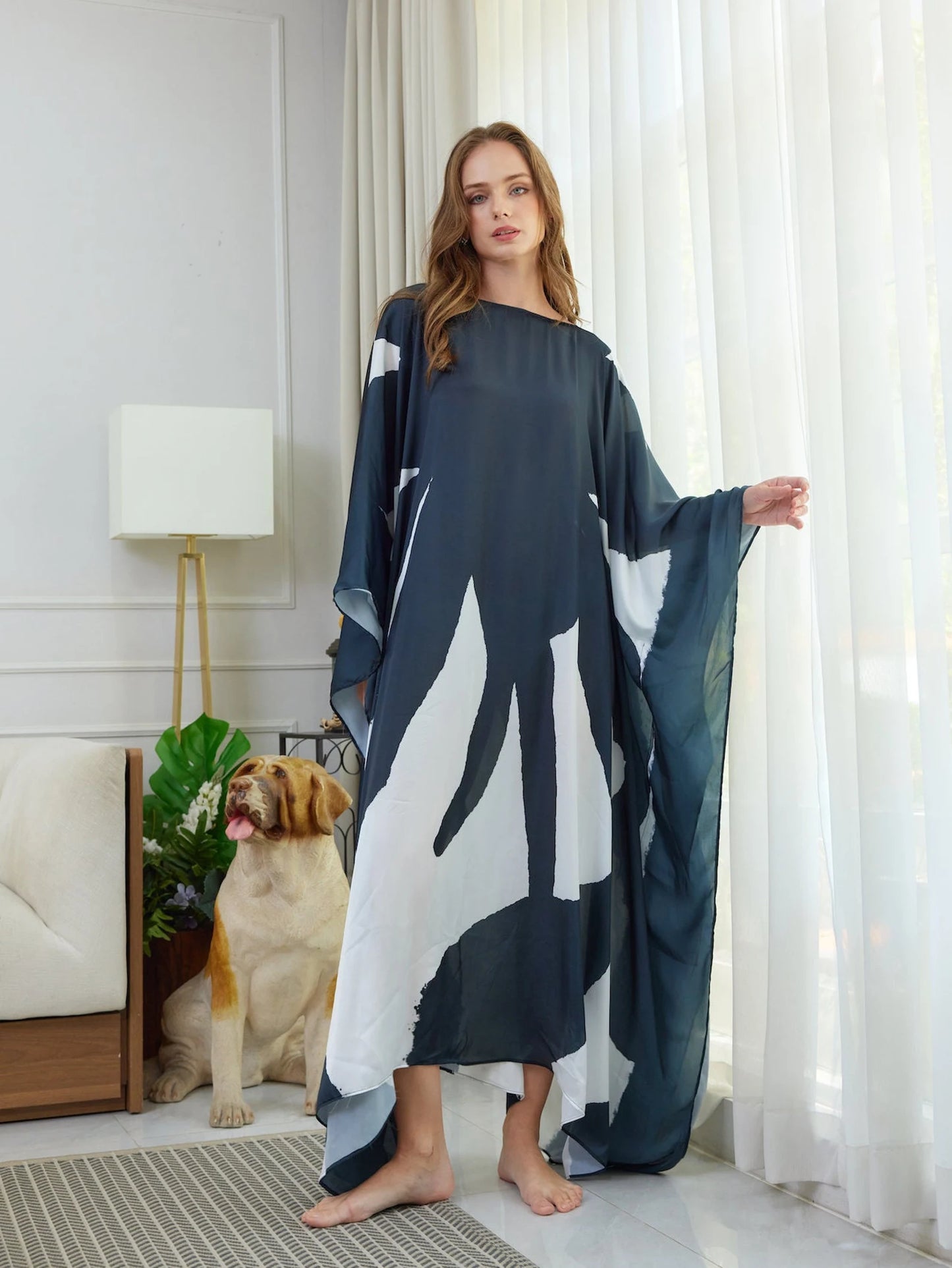 Floral Silk Caftan Dark Gray White Dress Kaftan for Woman Minimalist