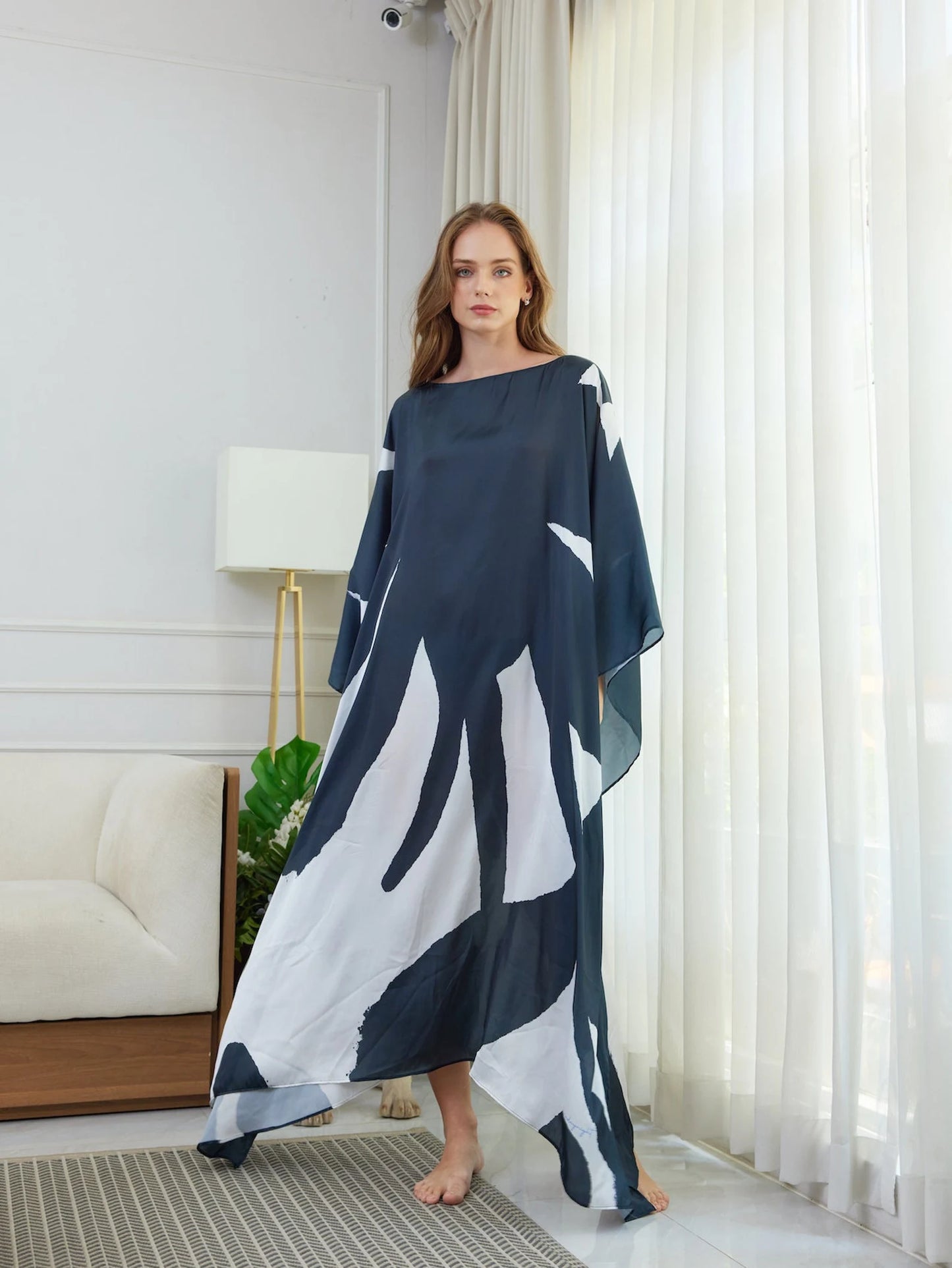 Floral Silk Caftan Dark Gray White Dress Kaftan for Woman Minimalist