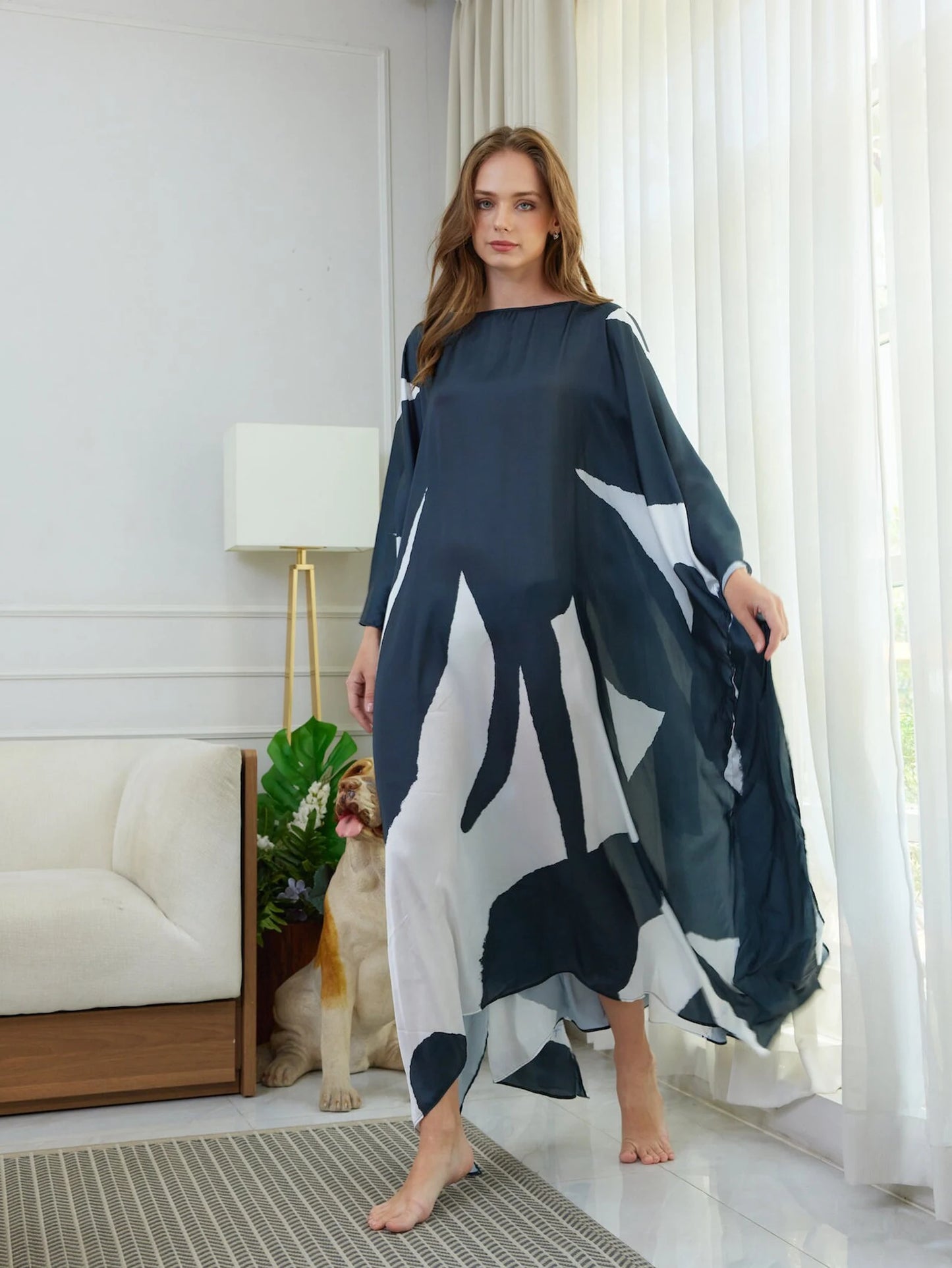 Floral Silk Caftan Dark Gray White Dress Kaftan for Woman Minimalist