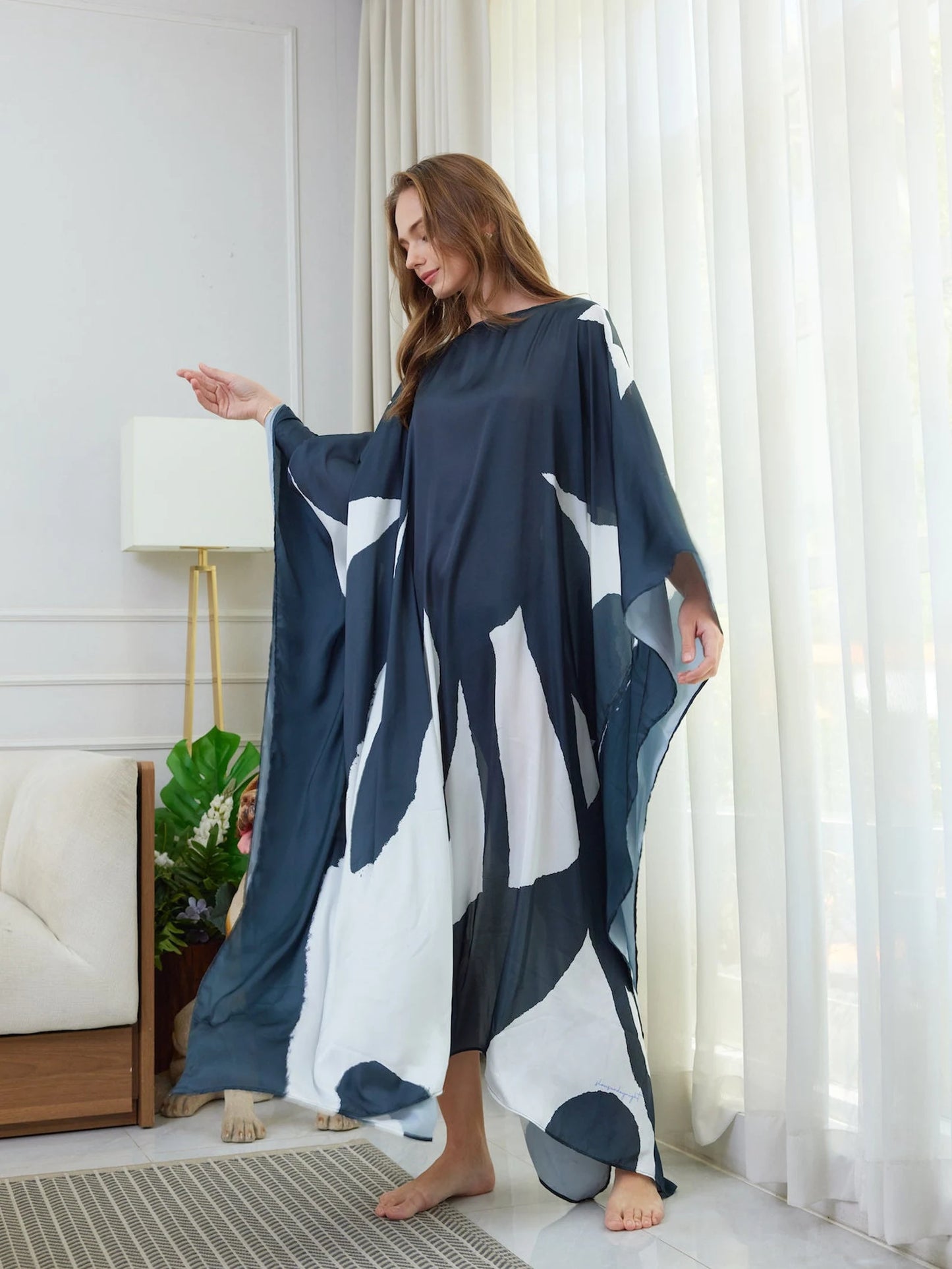 Floral Silk Caftan Dark Gray White Dress Kaftan for Woman Minimalist