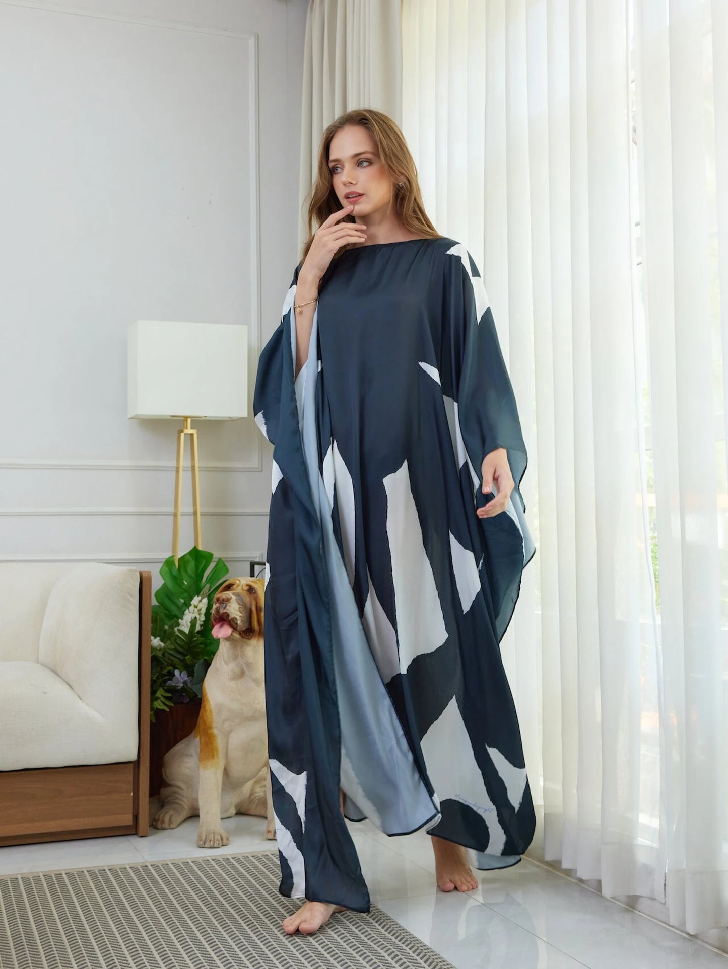 Floral Silk Caftan Dark Gray White Dress Kaftan for Woman Minimalist