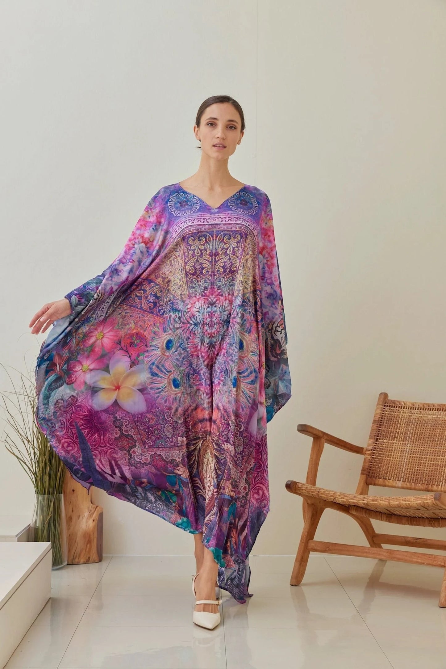 Frangipani Silk Kaftan Plus Size for Women Vibrant Robe Lounge Wear Dress