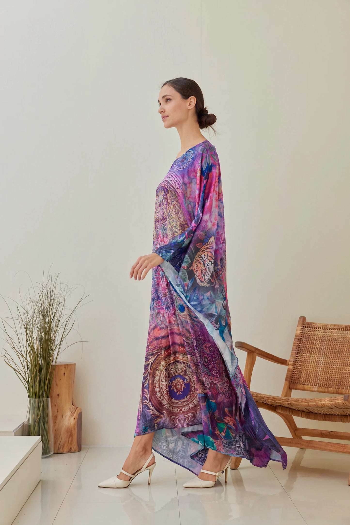 Frangipani Silk Kaftan Plus Size for Women Vibrant Robe Lounge Wear Dress