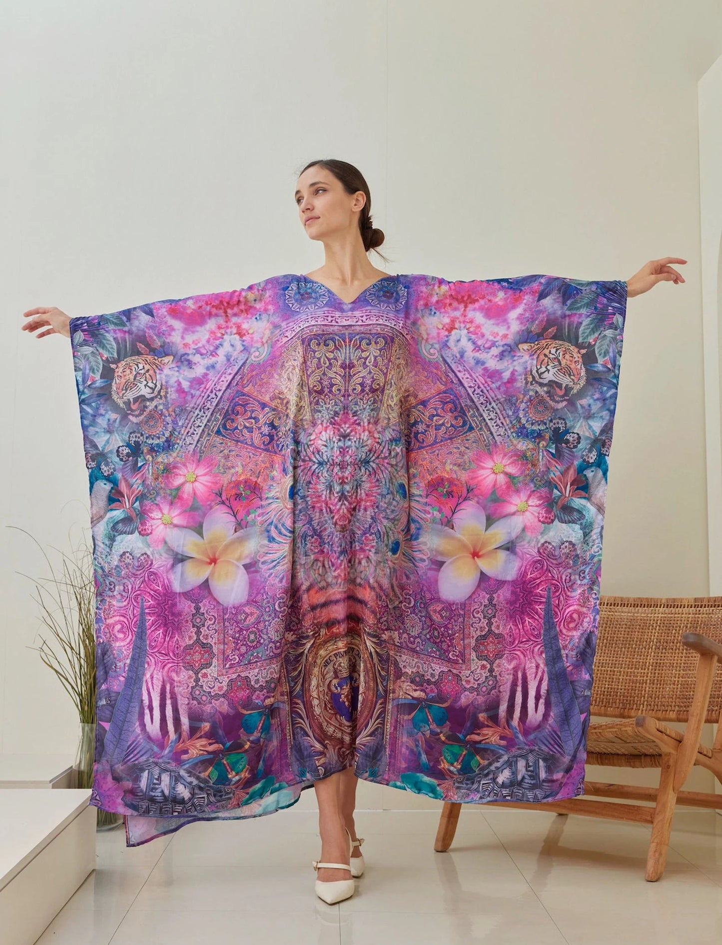 Frangipani Silk Kaftan Plus Size for Women Vibrant Robe Lounge Wear Dress