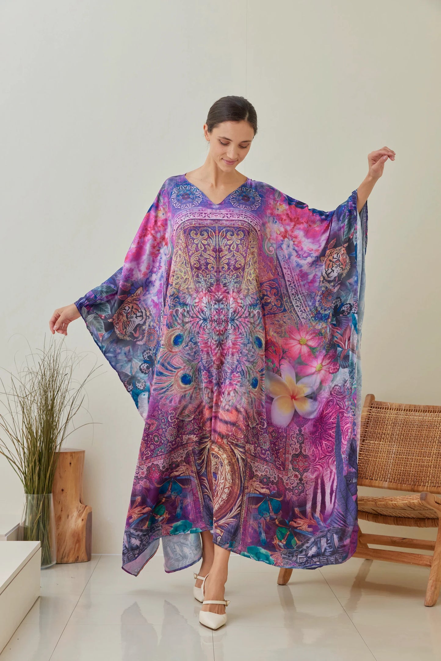 Frangipani Silk Kaftan Plus Size for Women Vibrant Robe Lounge Wear Dress