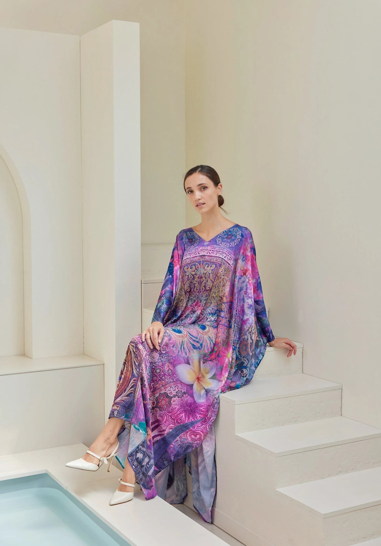 Frangipani Silk Kaftan Plus Size for Women Vibrant Robe Lounge Wear Dress