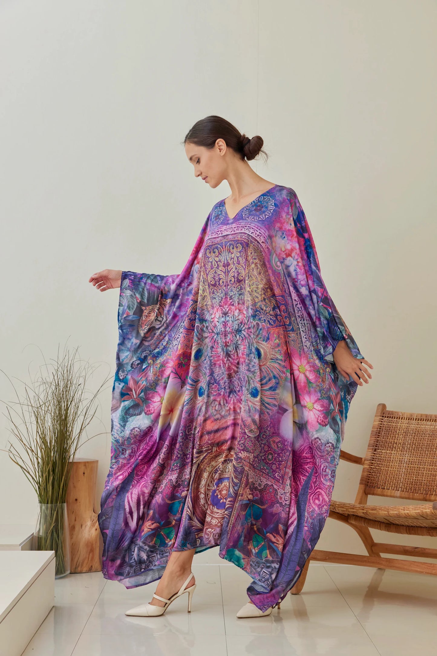 Frangipani Silk Kaftan Plus Size for Women Vibrant Robe Lounge Wear Dress