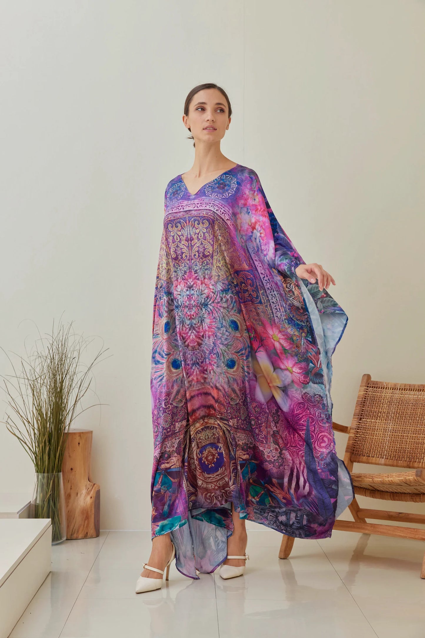 Frangipani Silk Kaftan Plus Size for Women Vibrant Robe Lounge Wear Dress