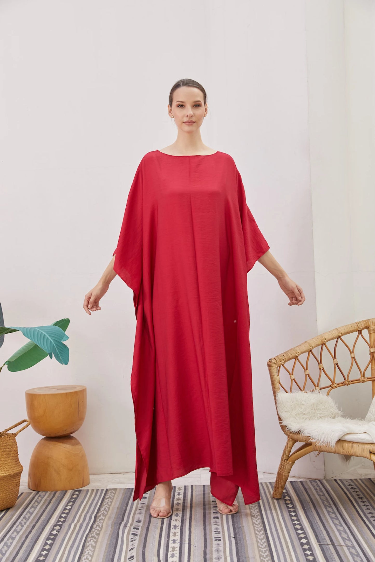 Fresh Red Silk Japan Kaftan Dress Women Plus Size Evening Pyjamas