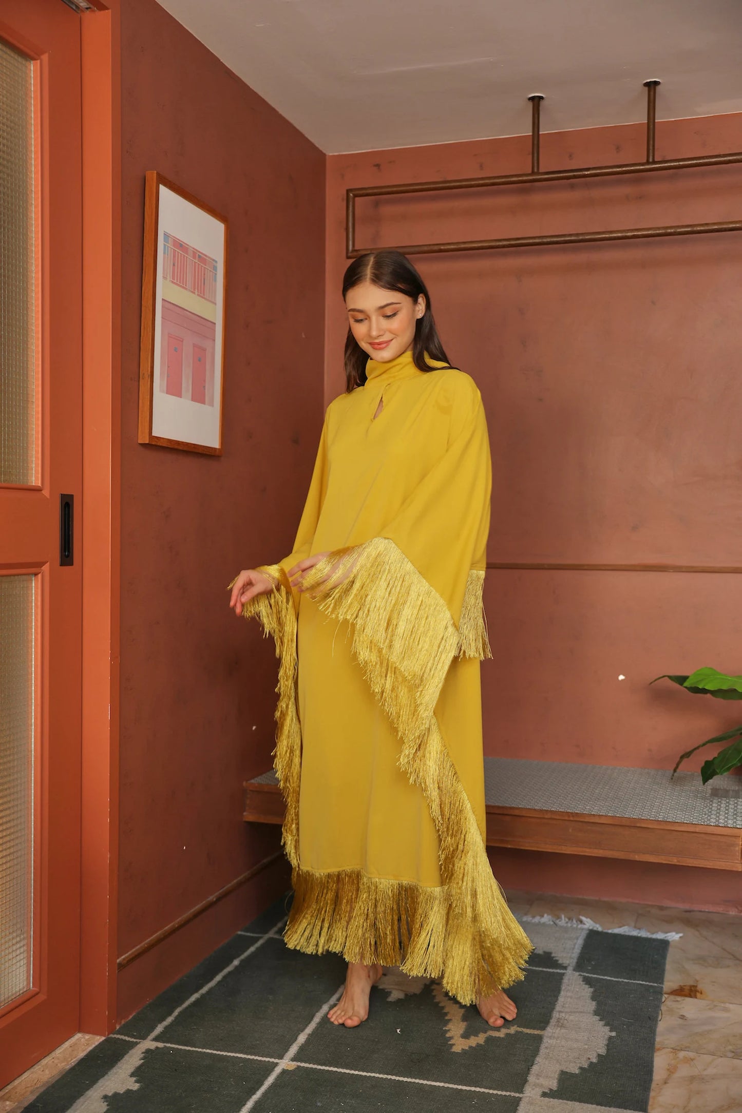 Gold Bright Yellow Casual Wear Fringe Kaftan Silk Caftan Plus Size