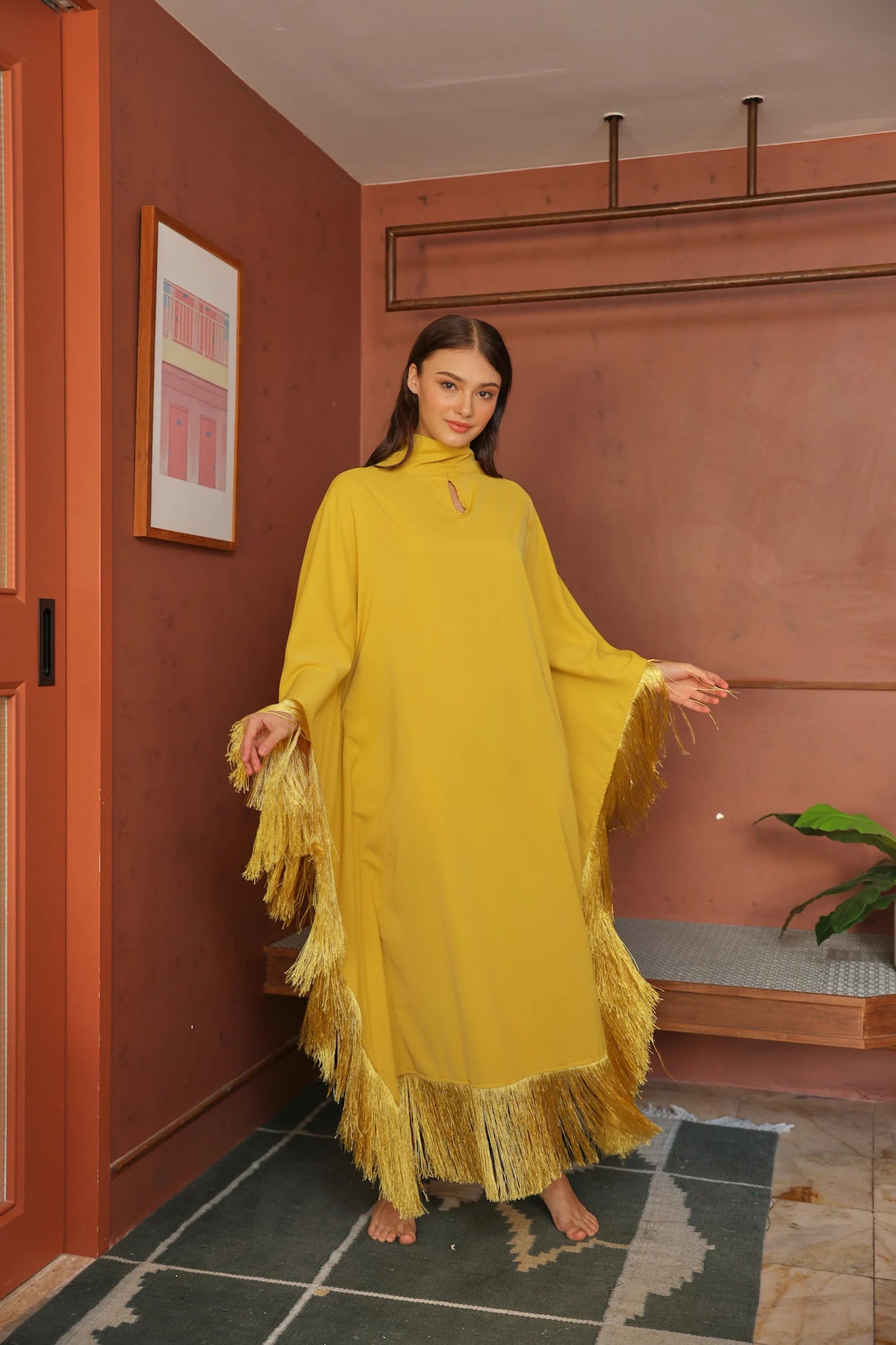 Gold Bright Yellow Casual Wear Fringe Kaftan Silk Caftan Plus Size