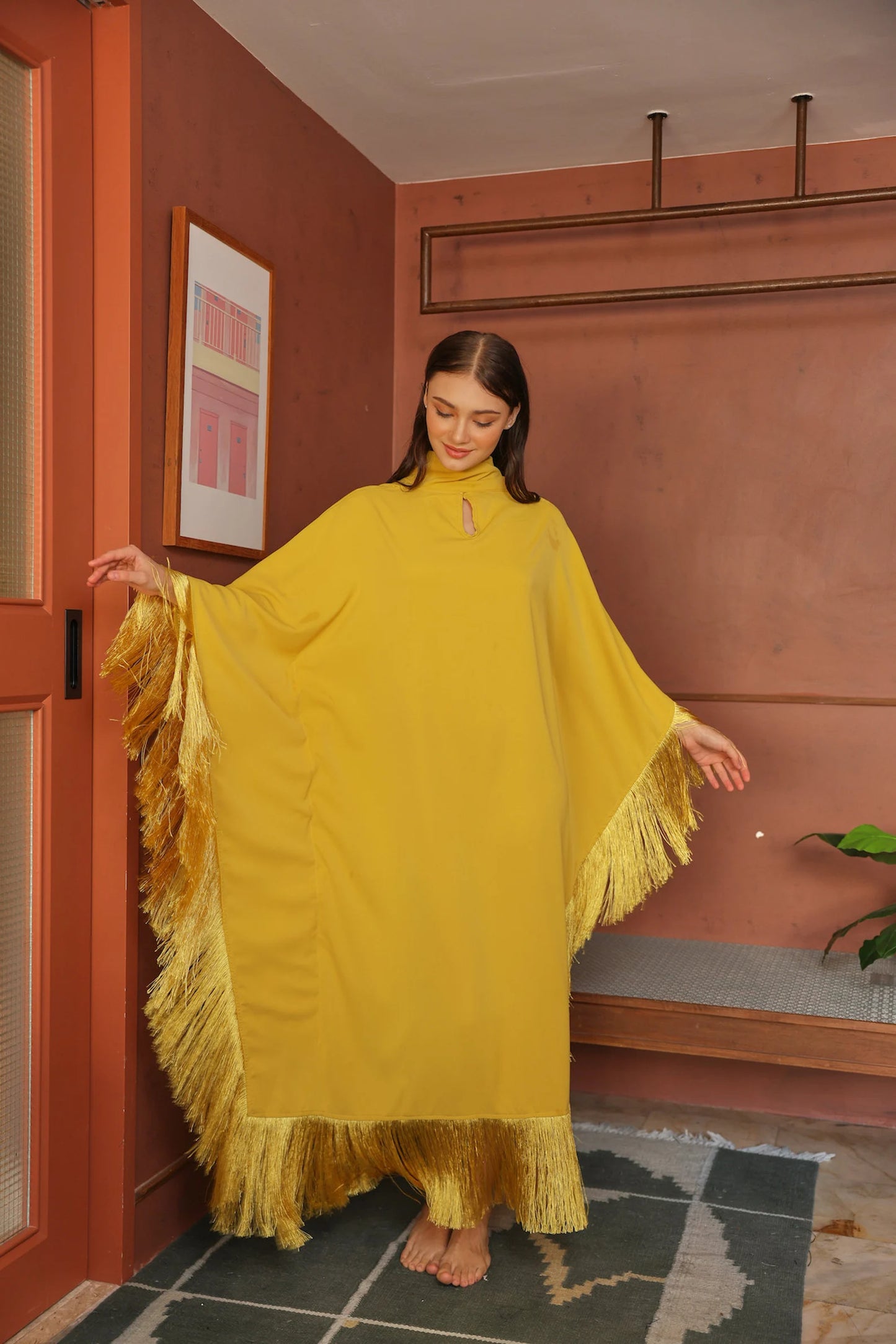 Gold Bright Yellow Casual Wear Fringe Kaftan Silk Caftan Plus Size