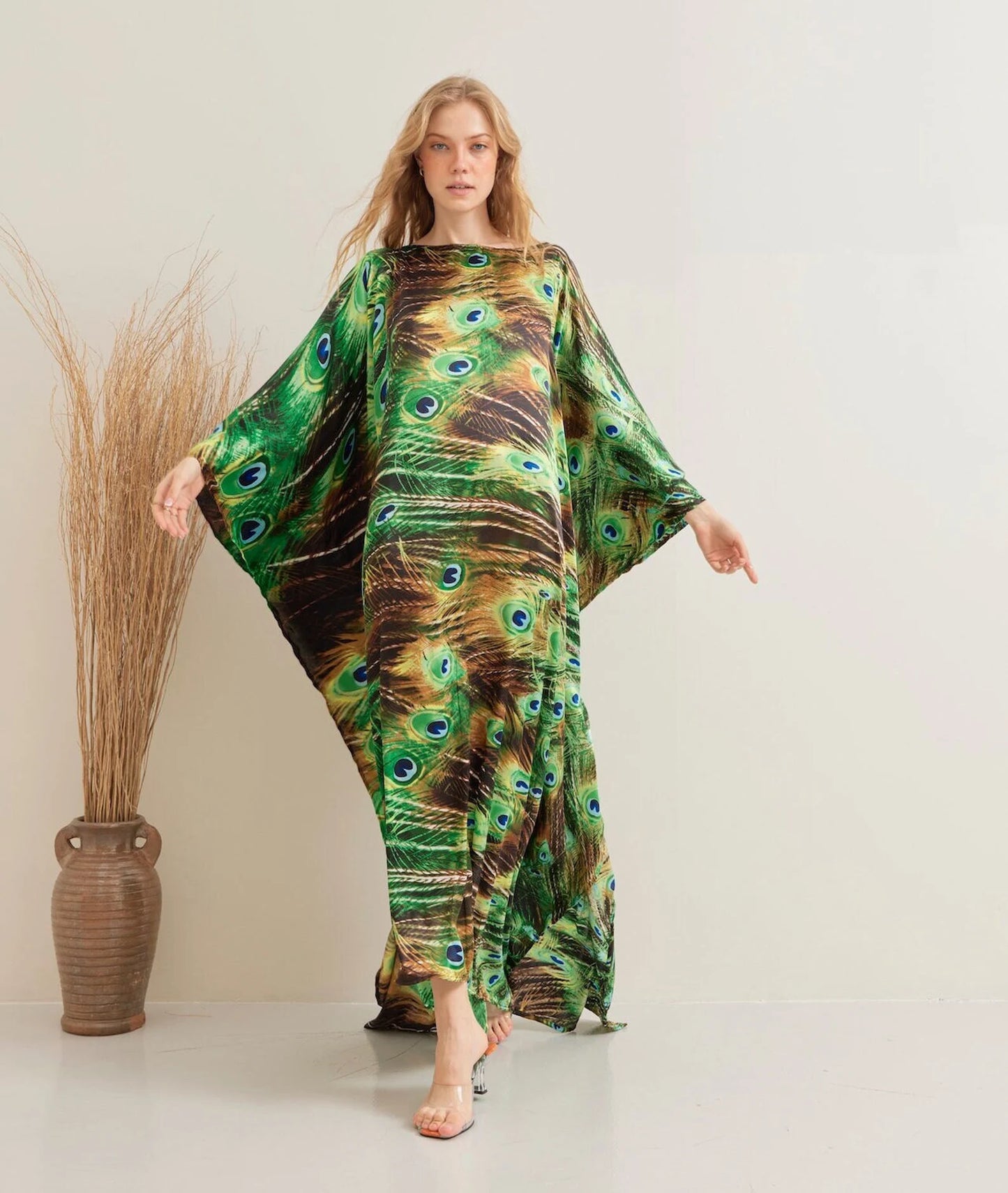 Green Nature Peacock Print Kaftan Silk Evening Dress Beach Wear Dressing Gown Plus Size