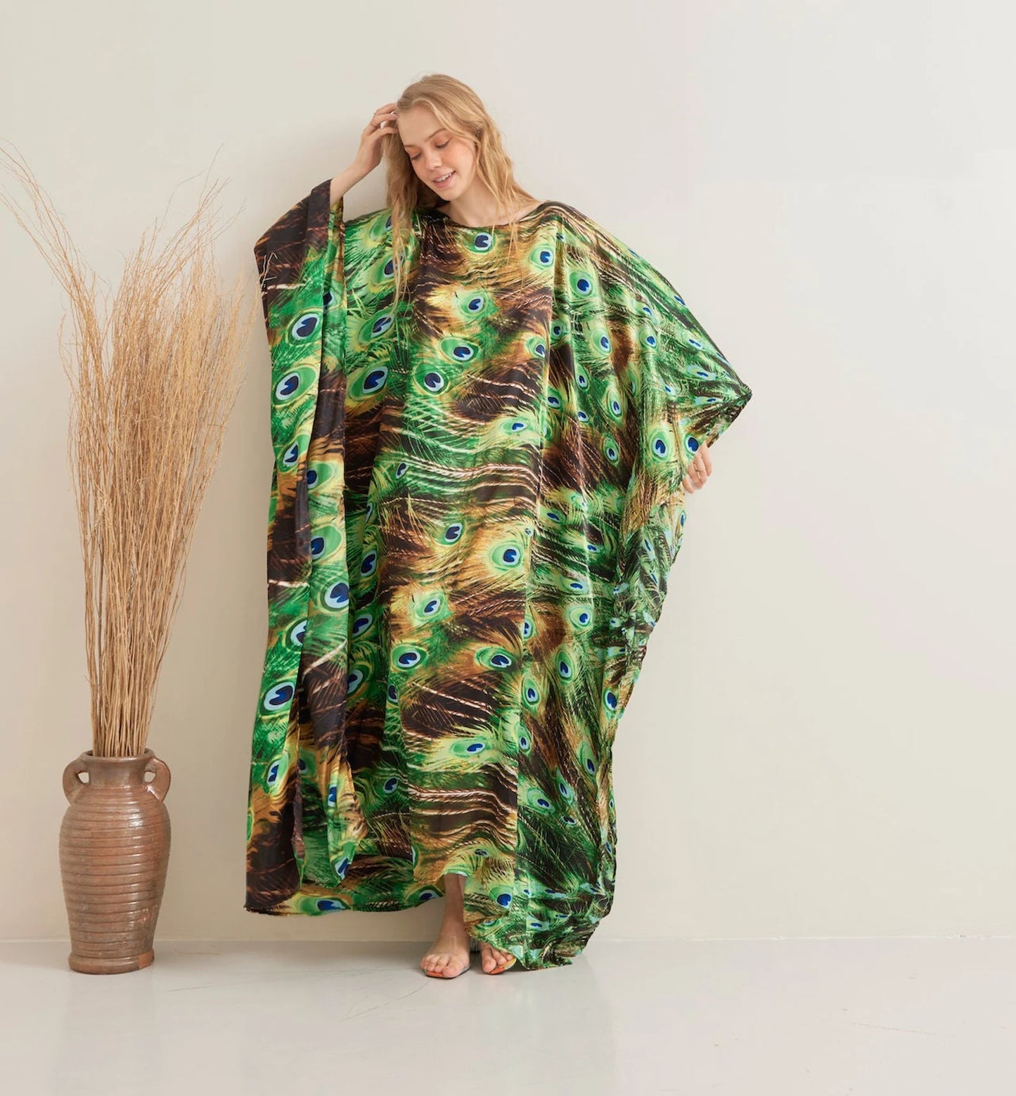 Green Nature Peacock Print Kaftan Silk Evening Dress Beach Wear Dressing Gown Plus Size