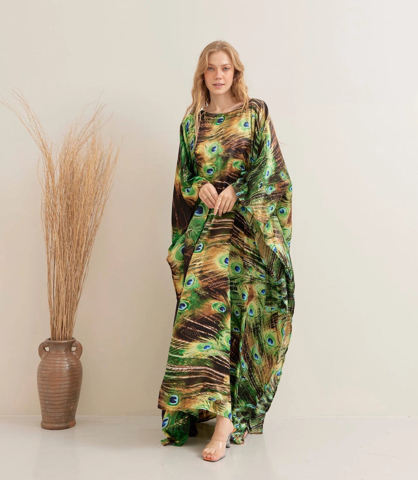 Green Nature Peacock Print Kaftan Silk Evening Dress Beach Wear Dressing Gown Plus Size