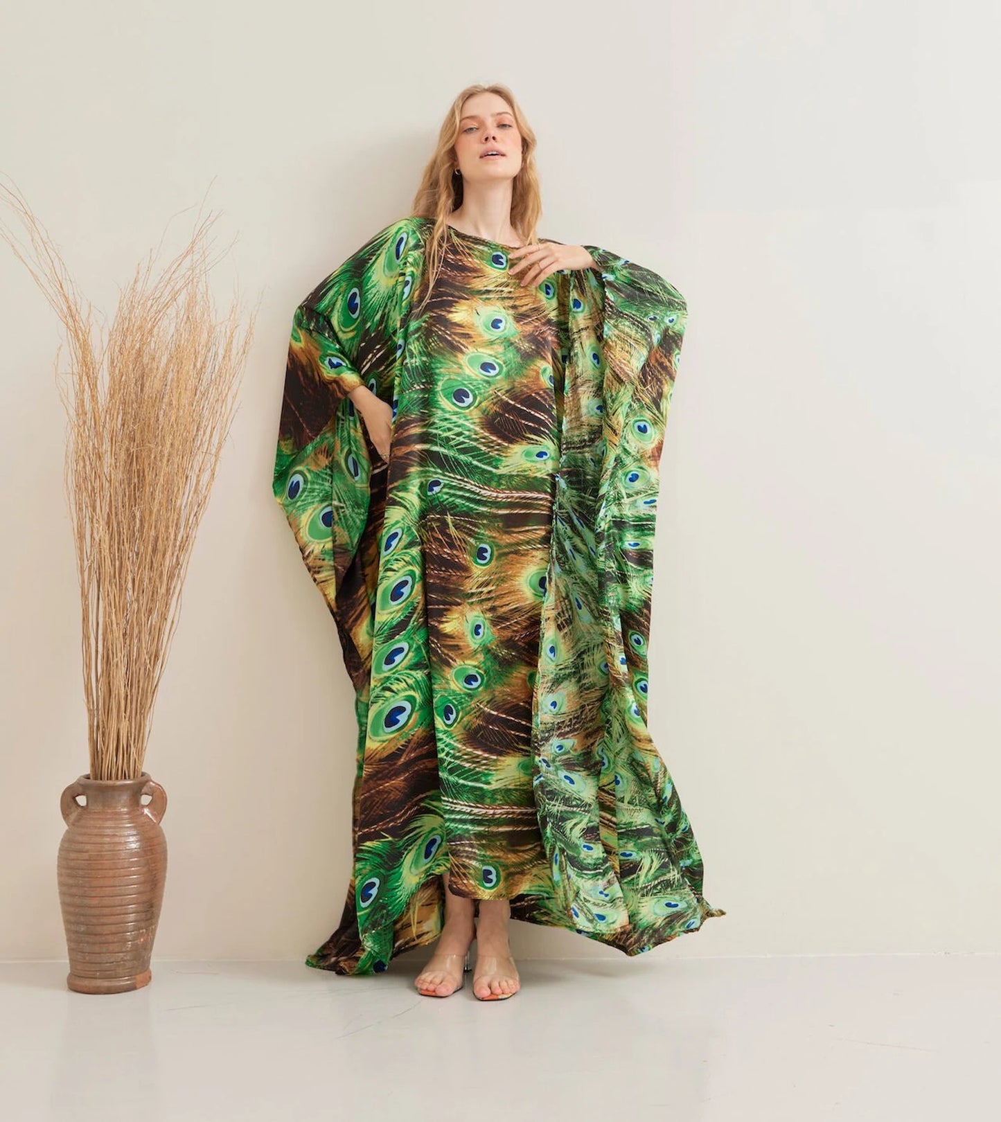 Green Nature Peacock Print Kaftan Silk Evening Dress Beach Wear Dressing Gown Plus Size