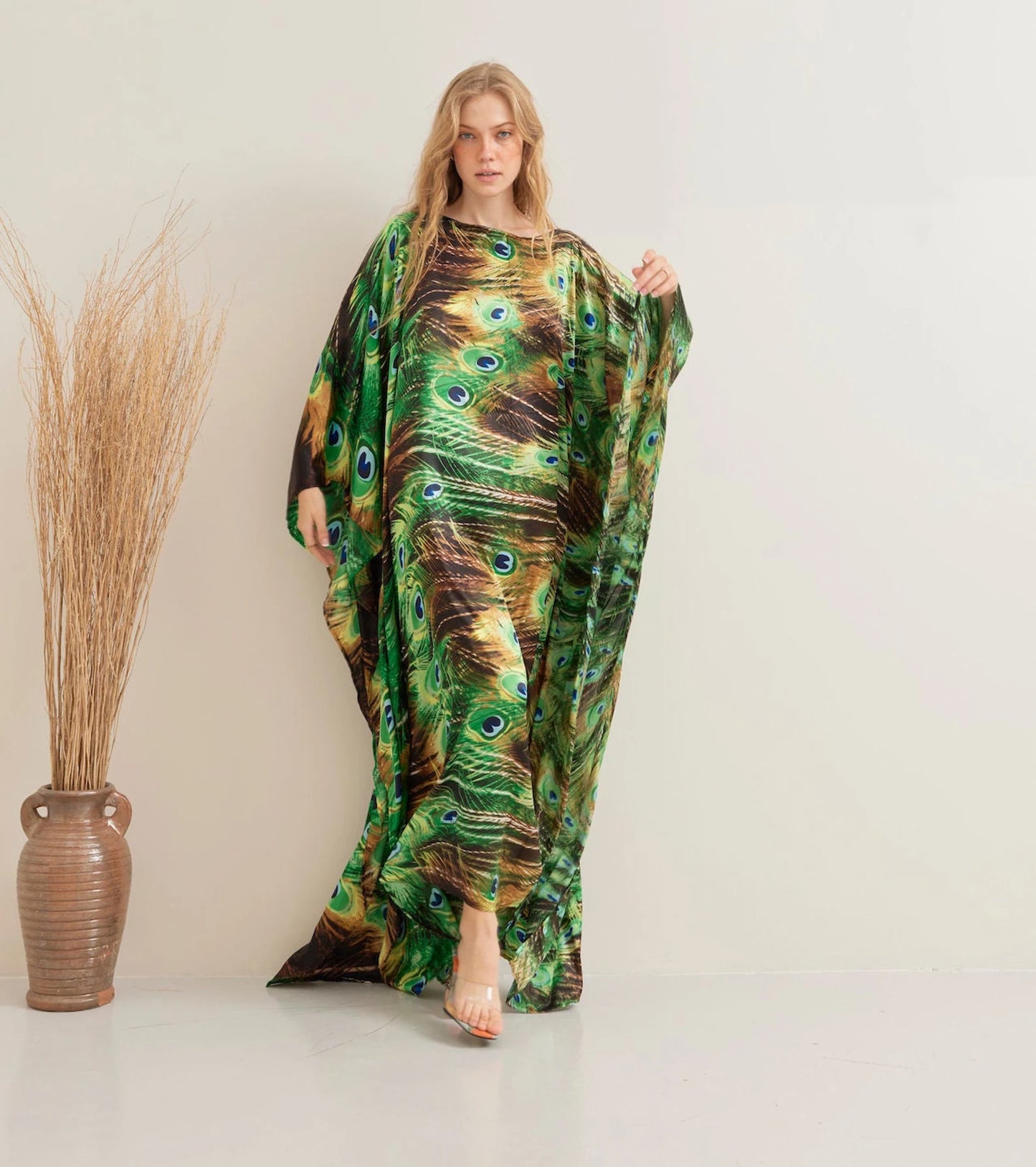 Green Nature Peacock Print Kaftan Silk Evening Dress Beach Wear Dressing Gown Plus Size