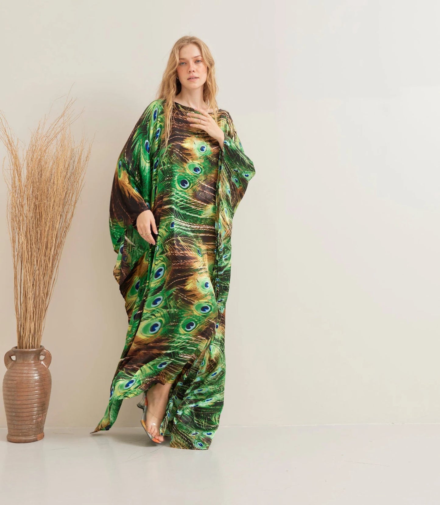 Green Nature Peacock Print Kaftan Silk Evening Dress Beach Wear Dressing Gown Plus Size