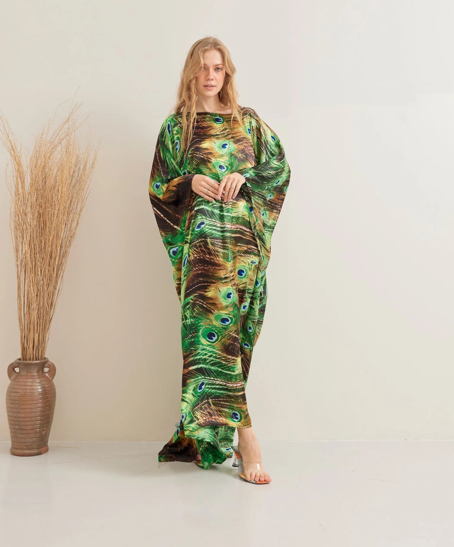 Green Nature Peacock Print Kaftan Silk Evening Dress Beach Wear Dressing Gown Plus Size