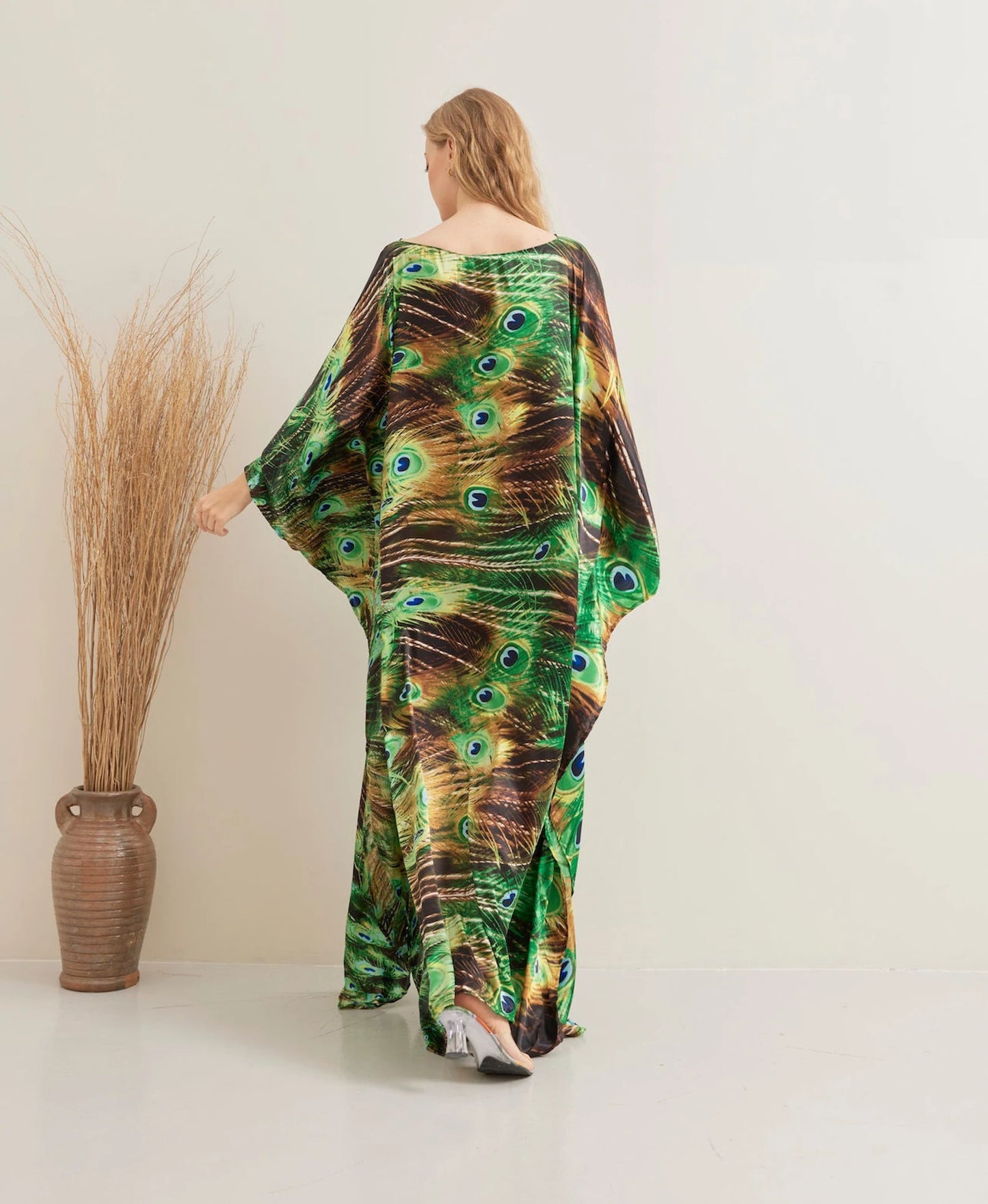 Green Nature Peacock Print Kaftan Silk Evening Dress Beach Wear Dressing Gown Plus Size