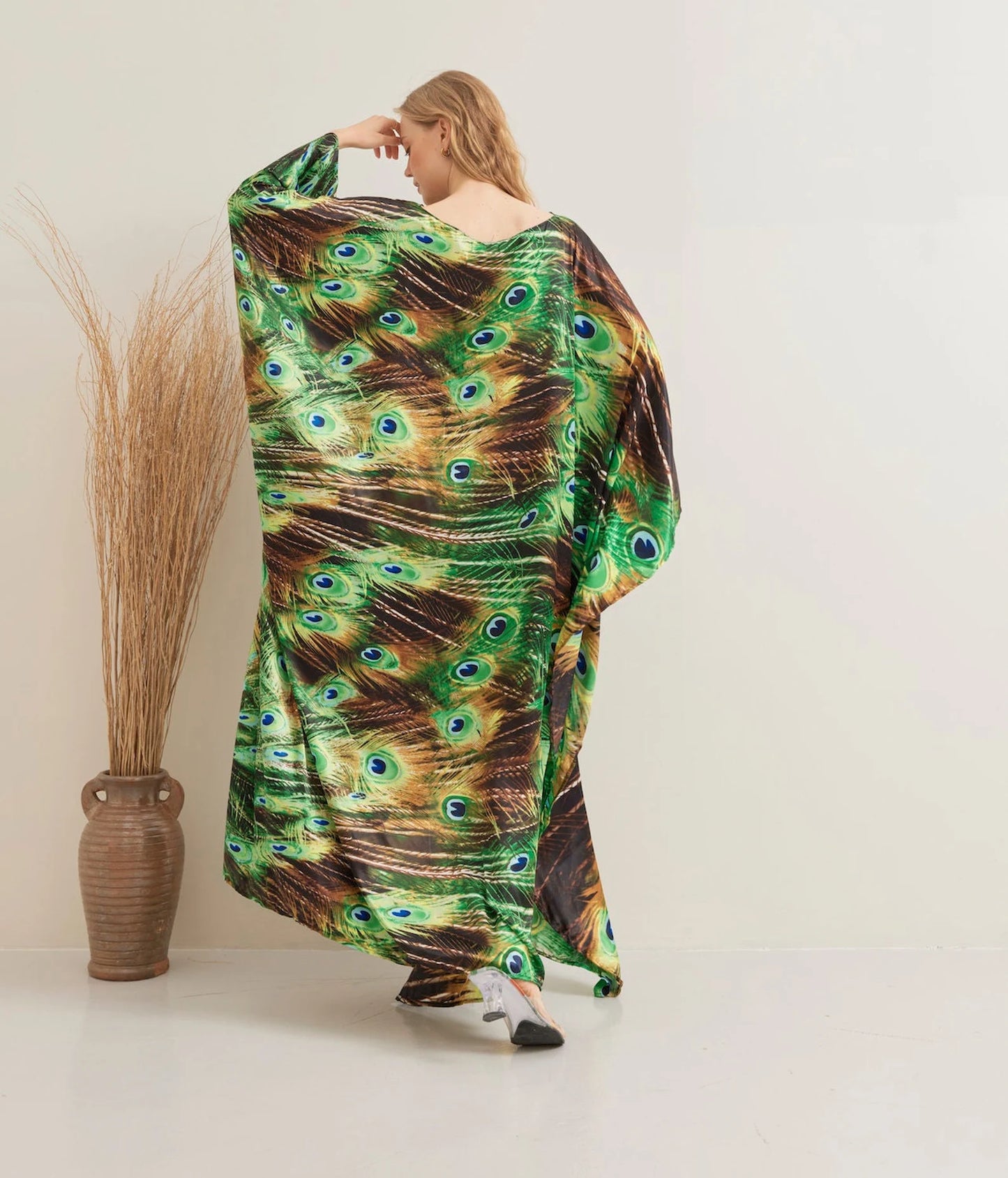 Green Nature Peacock Print Kaftan Silk Evening Dress Beach Wear Dressing Gown Plus Size