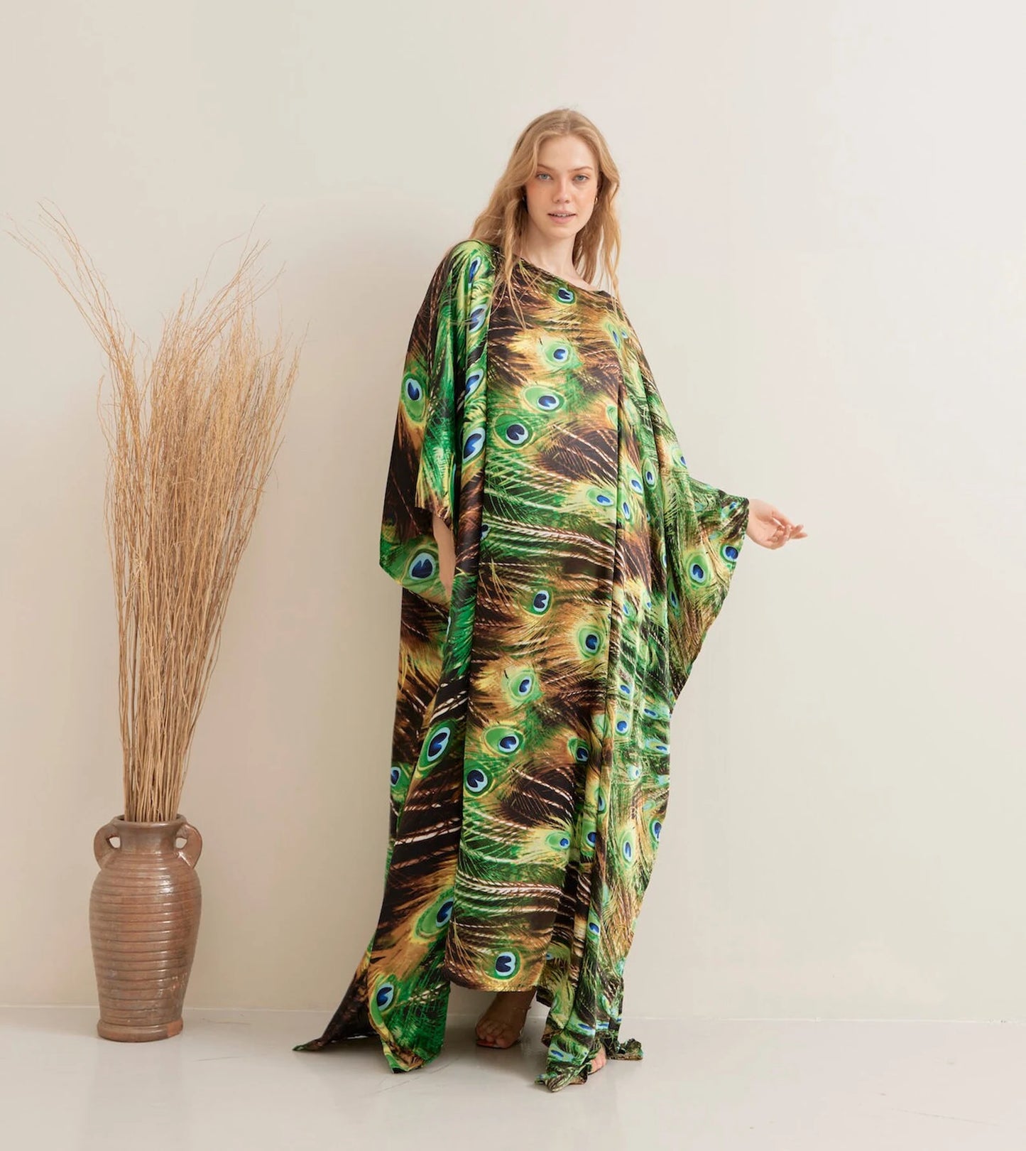 Green Nature Peacock Print Kaftan Silk Evening Dress Beach Wear Dressing Gown Plus Size