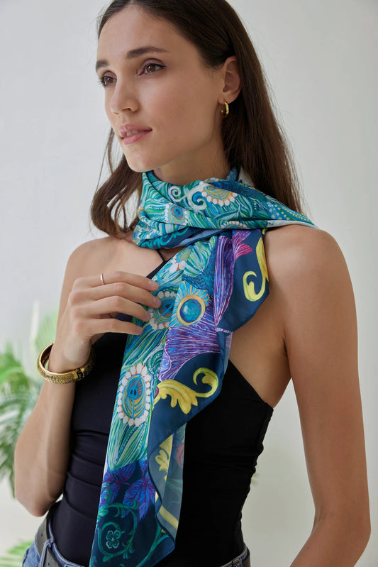 Handpaint Peacock Silk Scarf Romantic Turquoise Floral Emerald Square Scarves