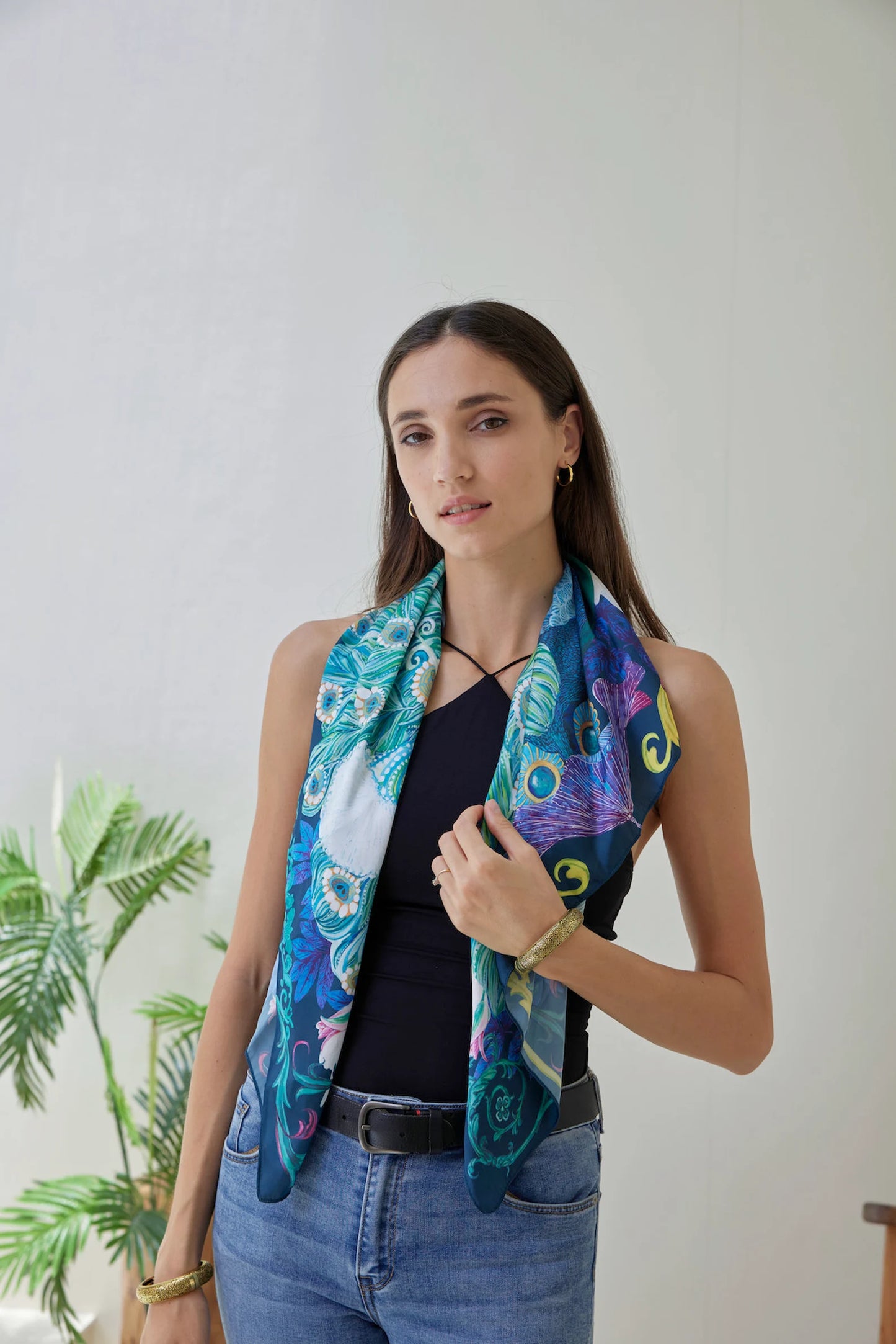 Handpaint Peacock Silk Scarf Romantic Turquoise Floral Emerald Square Scarves