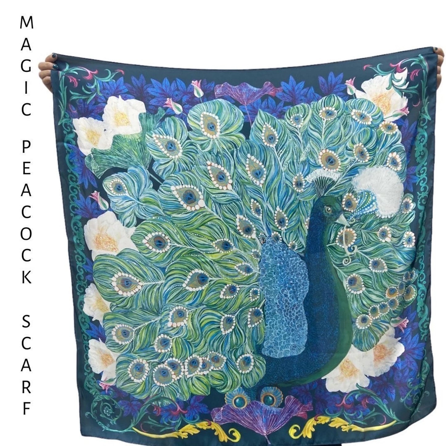 Handpaint Peacock Silk Scarf Romantic Turquoise Floral Emerald Square Scarves