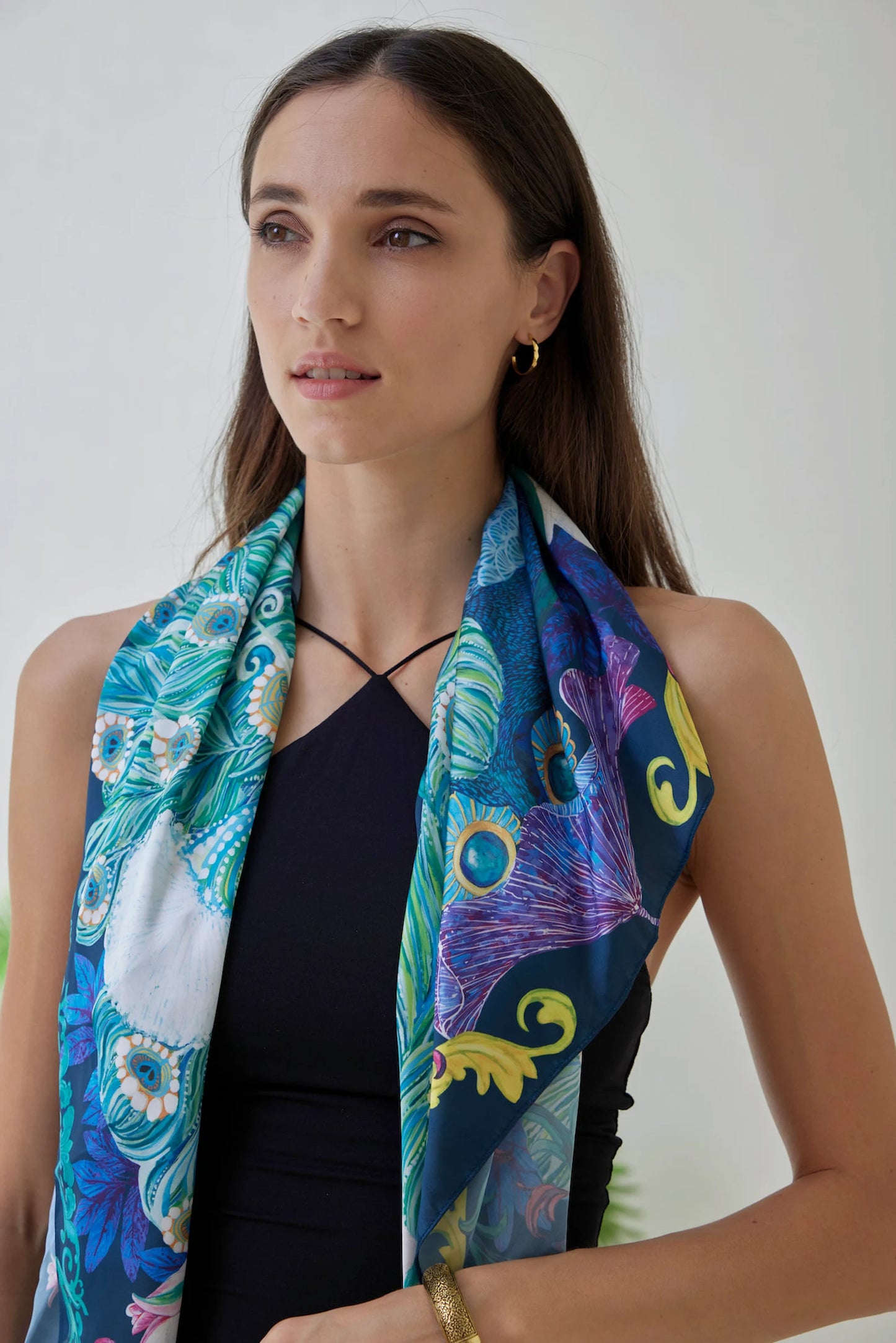 Handpaint Peacock Silk Scarf Romantic Turquoise Floral Emerald Square Scarves