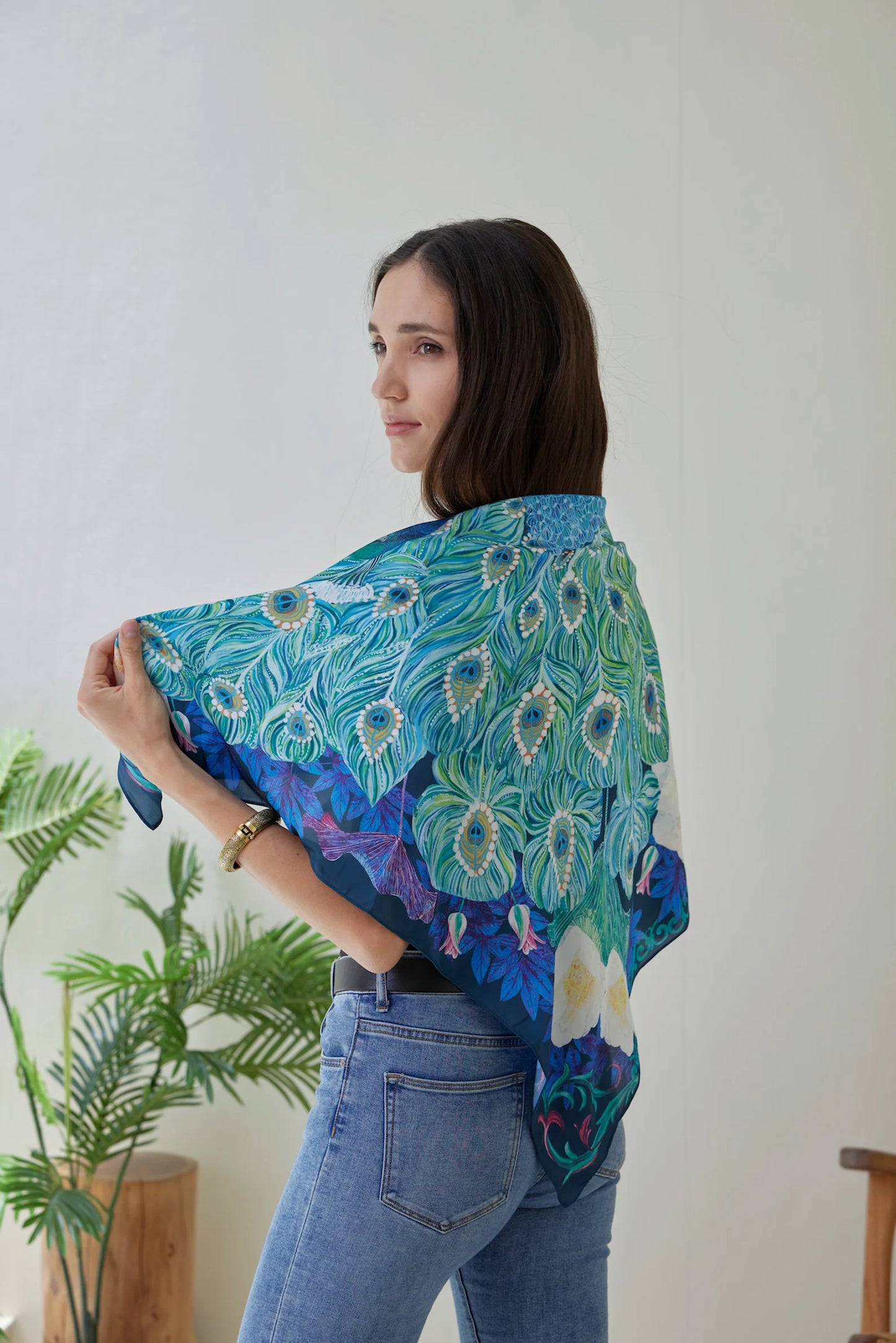 Handpaint Peacock Silk Scarf Romantic Turquoise Floral Emerald Square Scarves