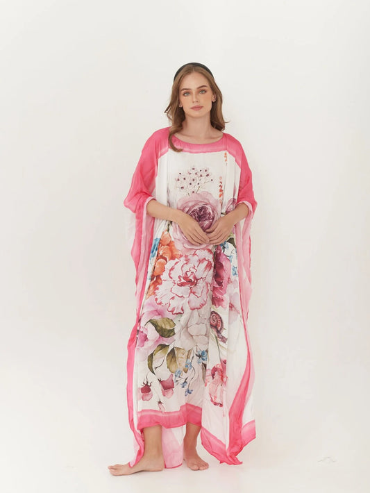 Handpaint Silk Pink Floral Watercolor Caftan Wedding Dress