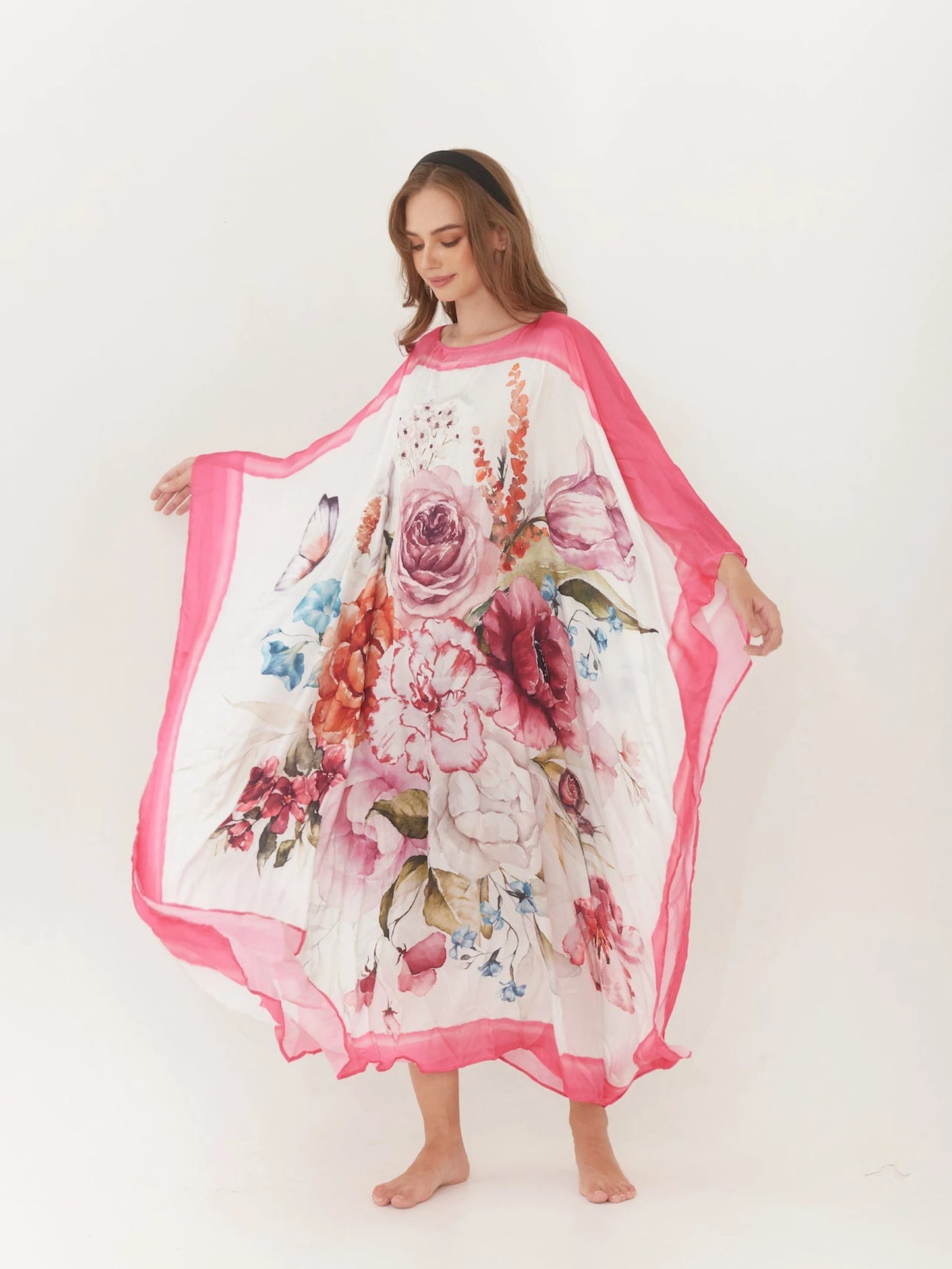 Handpaint Silk Pink Floral Watercolor Caftan Wedding Dress