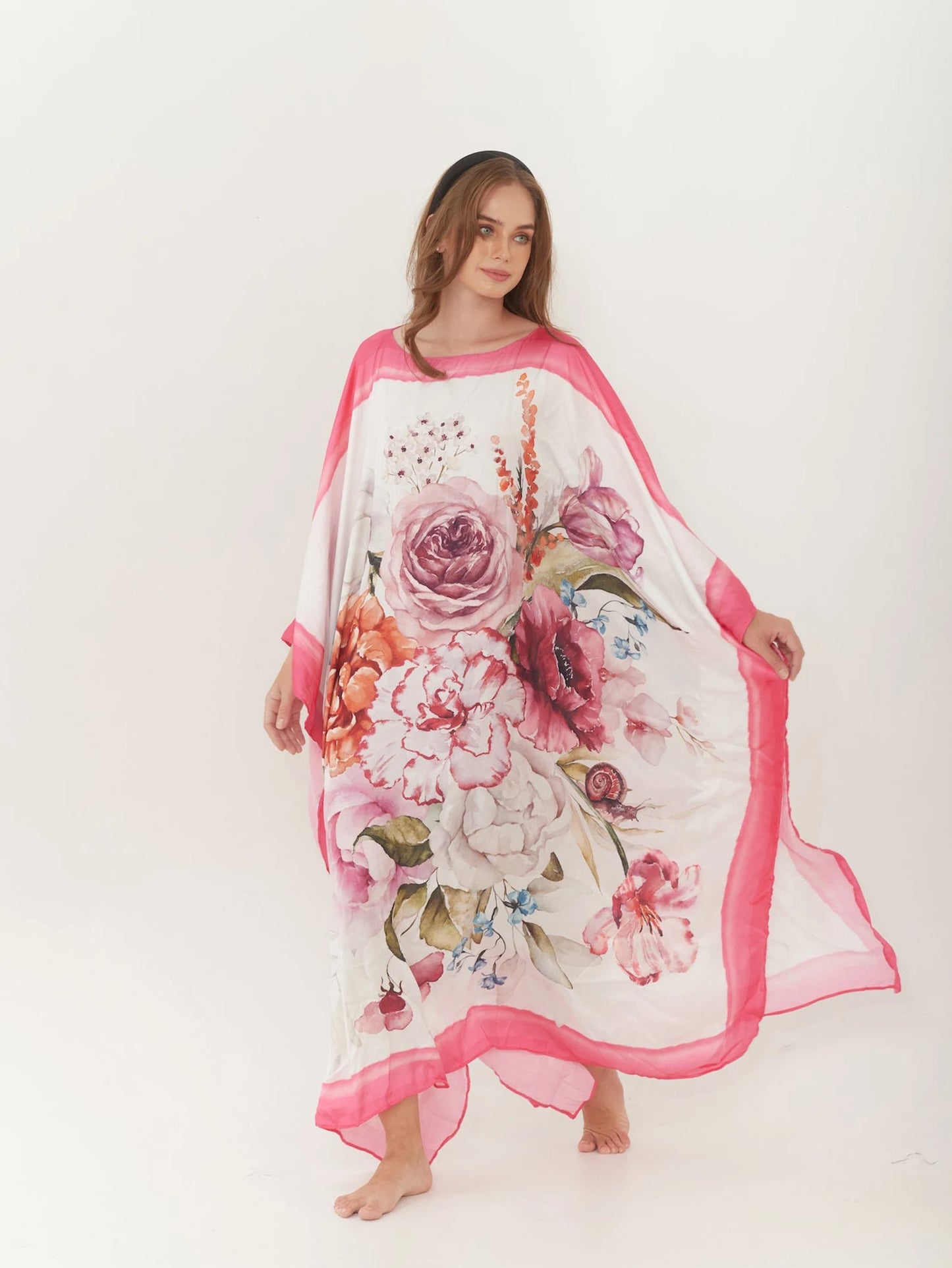 Handpaint Silk Pink Floral Watercolor Caftan Wedding Dress